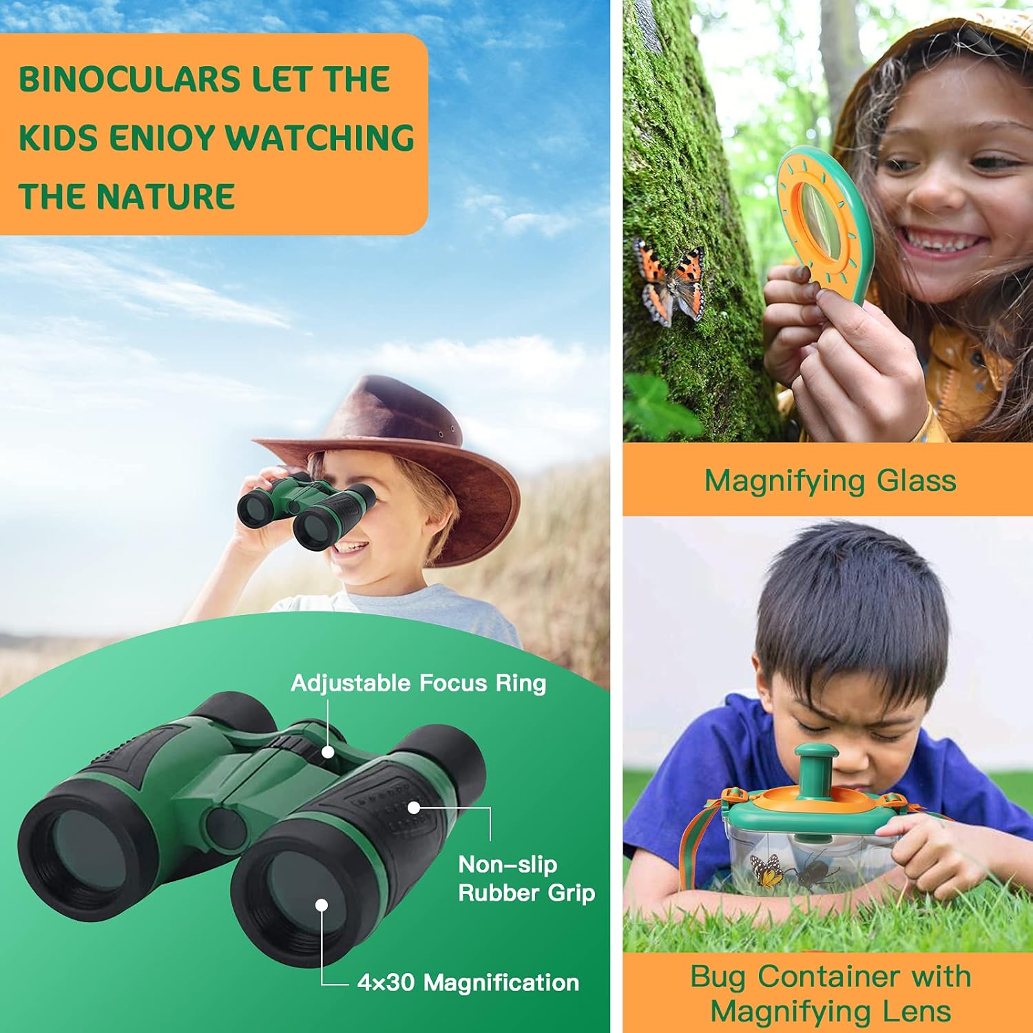 MITCIEN Kids Outdoor Explorer Kit, Bug Catching Kit , Nature Adventure Kit with Butterfly net, Binoculars, Periscope, Magnifying Glass,Compass, Whistle, Exploration Toys for Kids Age 3-5 4-8 : Toys & Games