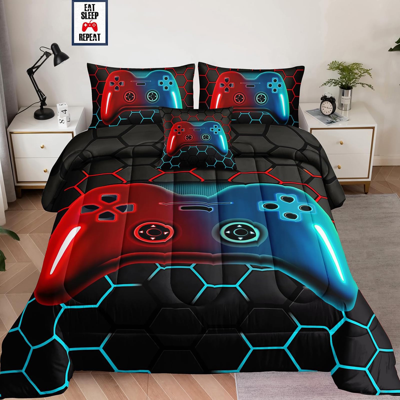 Tabeskly Boy Kids Hexagon Geometry Gaming Gamepad Gamer Bedding Single Duvet Cover Sets Bed Zipper Red Blue 135×200cm