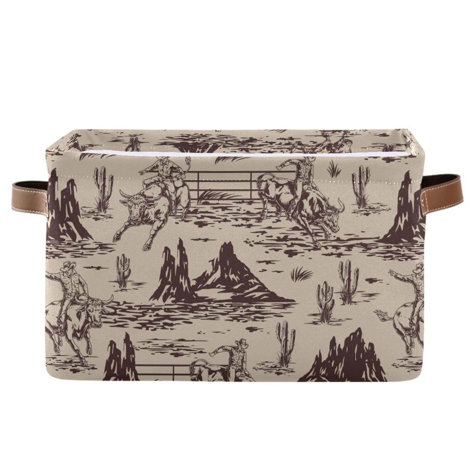 West Cactus Cowboy Large Storage Basket Cube Storage Bin Canvas Fabric Organizer Handles Collapsible Decorative for Clothes Toys Bedroom