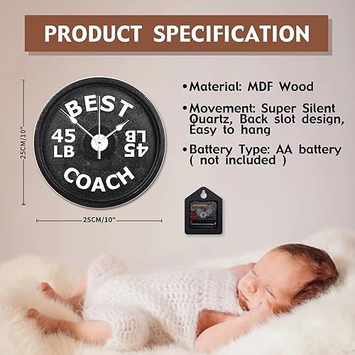 Miniatura 7 de ArogGeld Reloj de pared atlético con placa de pesas con barra, decoración de gimnasio para profesores, relojes de pared grandes de madera, funciona