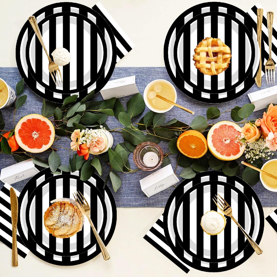 50pc Black & White Party Supplies - 9" Striped Plates, 7" Dessert Plates for Black & White Themed Decor - Image 7