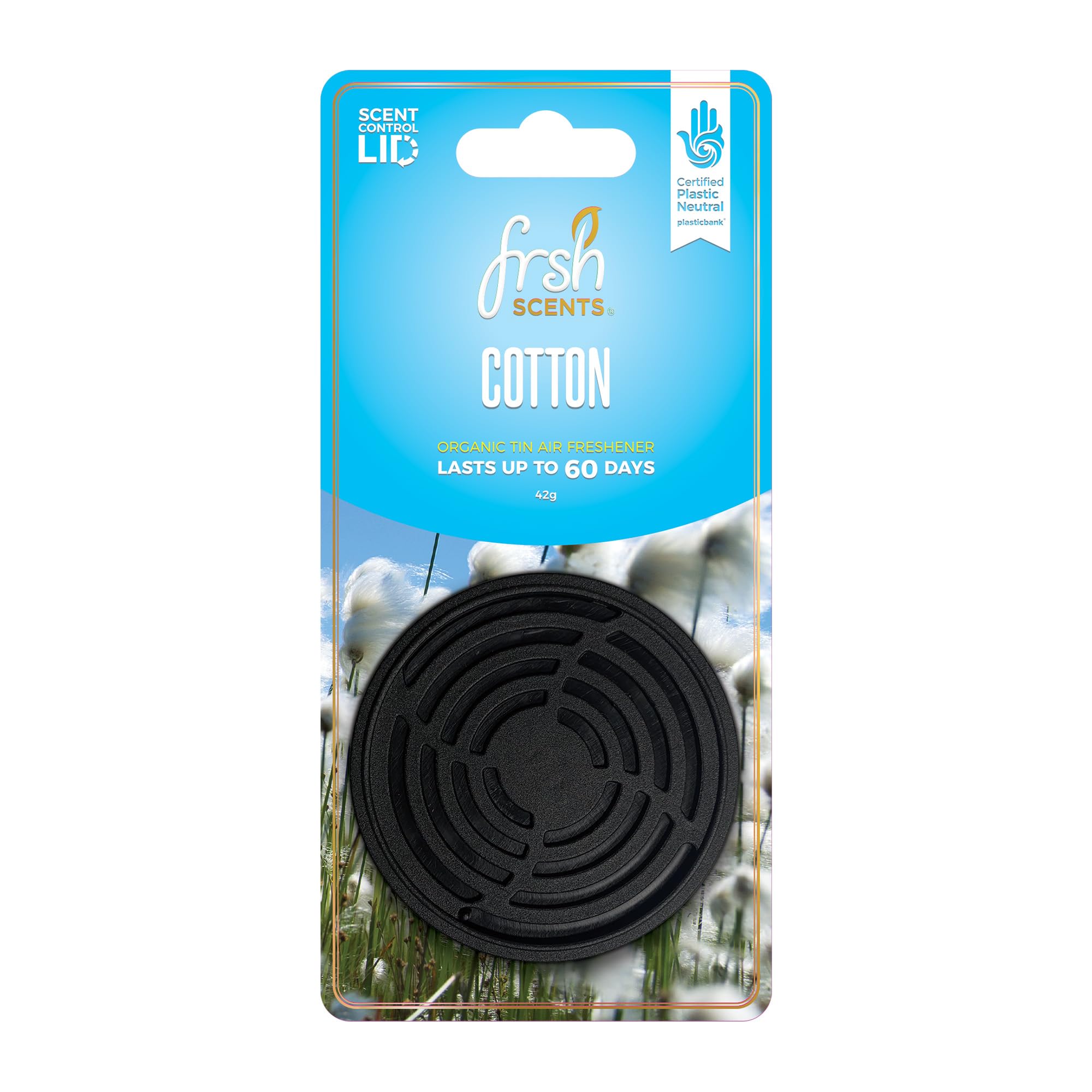 FR-P-1244 Fresh Cotton 42G Scented Organic Tin Air Freshener - Lifespan of Upto 60 Days - Ideal for your Car, Home & Workplace - 1 Tin Supplied