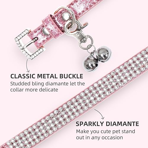 Miniatura 3 de PUPTECK Collar de gato ajustable básico con diamantes brillantes y campanas dobles, para gatito y cachorro pequeño, moda y brillante (XXS collar