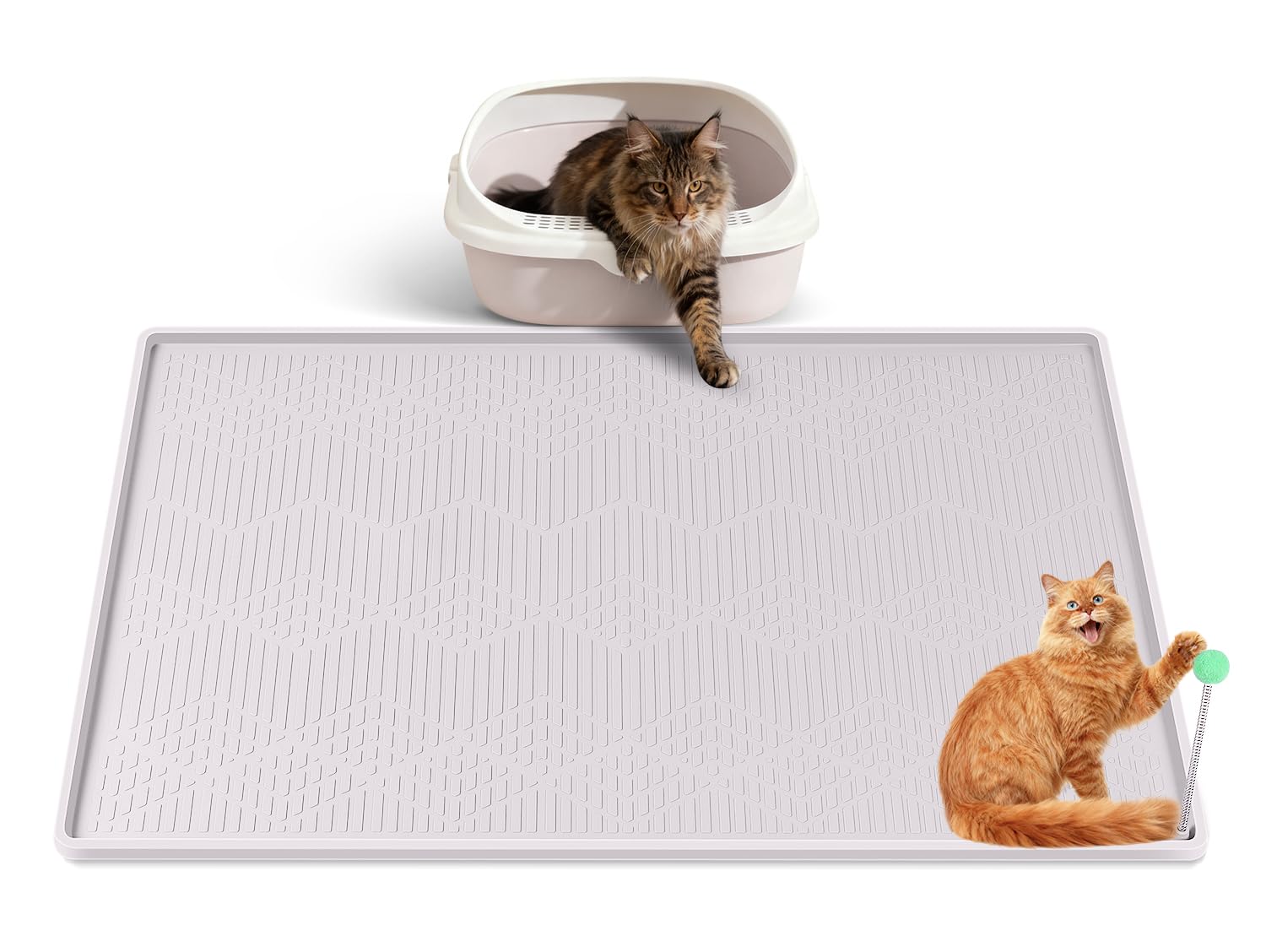86x56CM Tappetino Lettiera Gatto Silicio con Bacchetta giocattolo per gatti, Tappeto per lettiera gatto grande impermeabile lavabile per raccogliere la lettiera gatti(bianco)