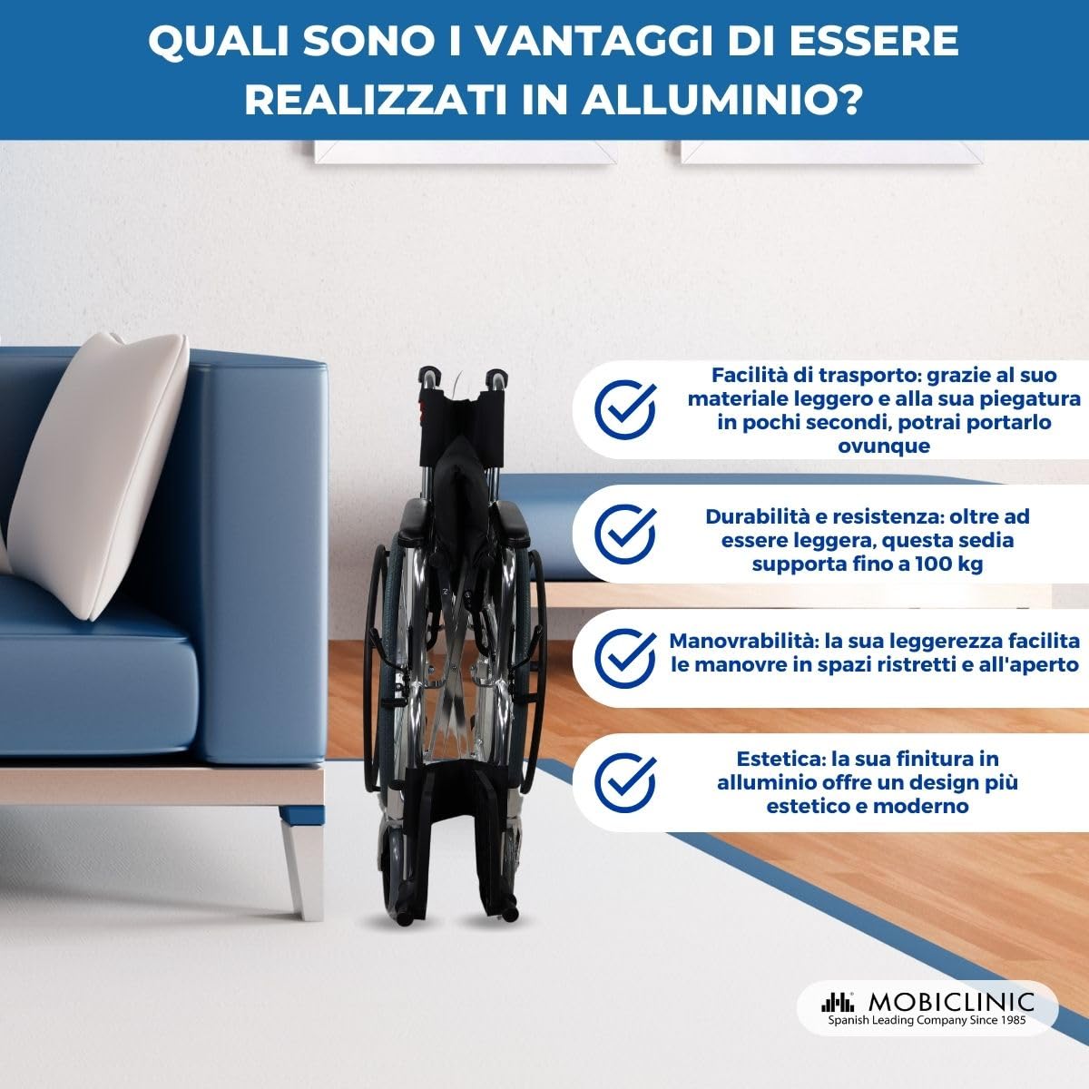 Mobiclinic®, Sedia a rotelle pieghevole, Modello palacio, Alluminio, Leggera, Seduta 46 cm, Doppio sistema frenante, Schienale sdoppiato, Poggiapiedi, Semovente,
