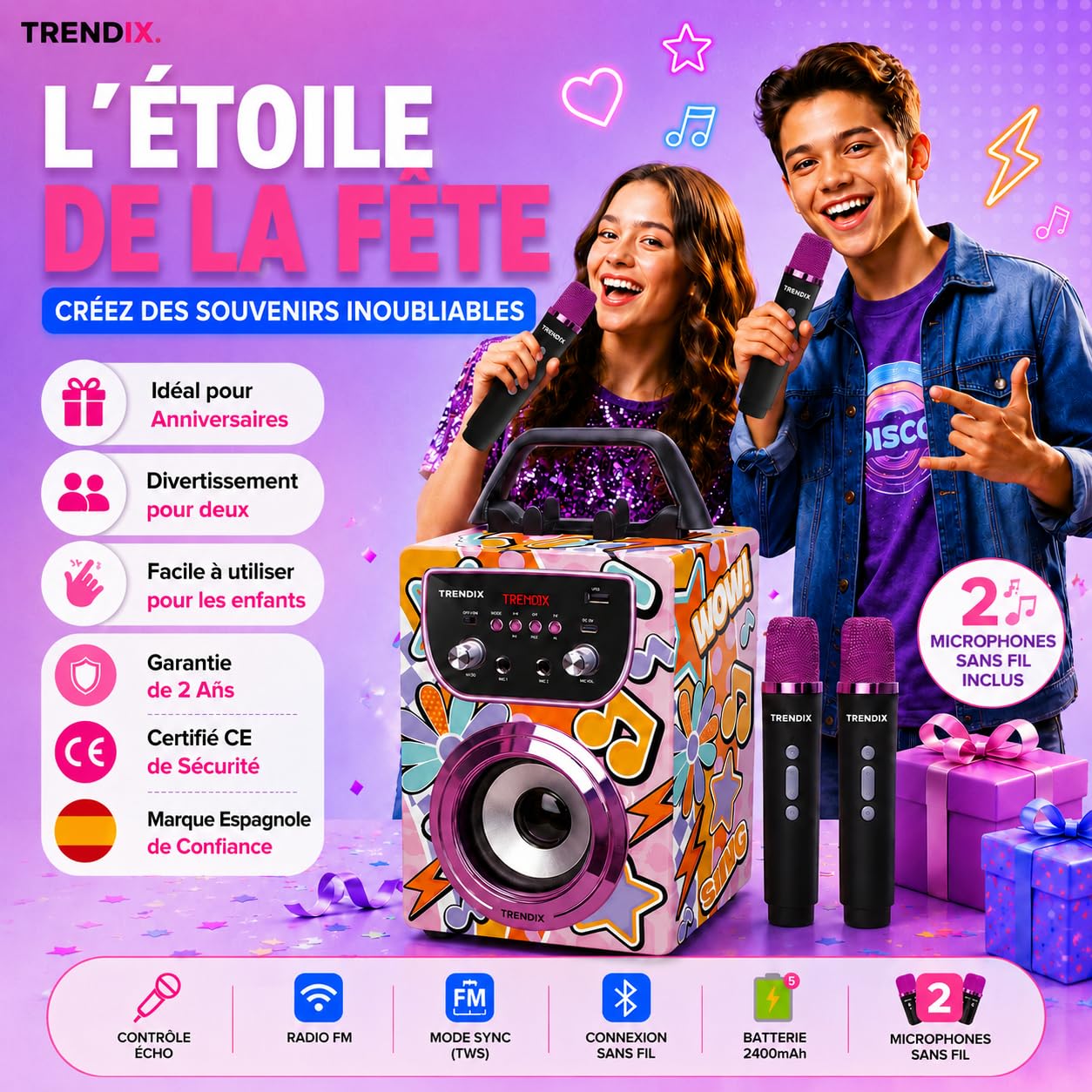 Trendix - Karaoke Enfant Magic Melody | Enceinte Karaoke 2 Micro sans Fil | Karaoké Enfant 2 Microphones | Enceinte avec Micro sans Fil | Enceinte Bluetooth Portable | Cadeau