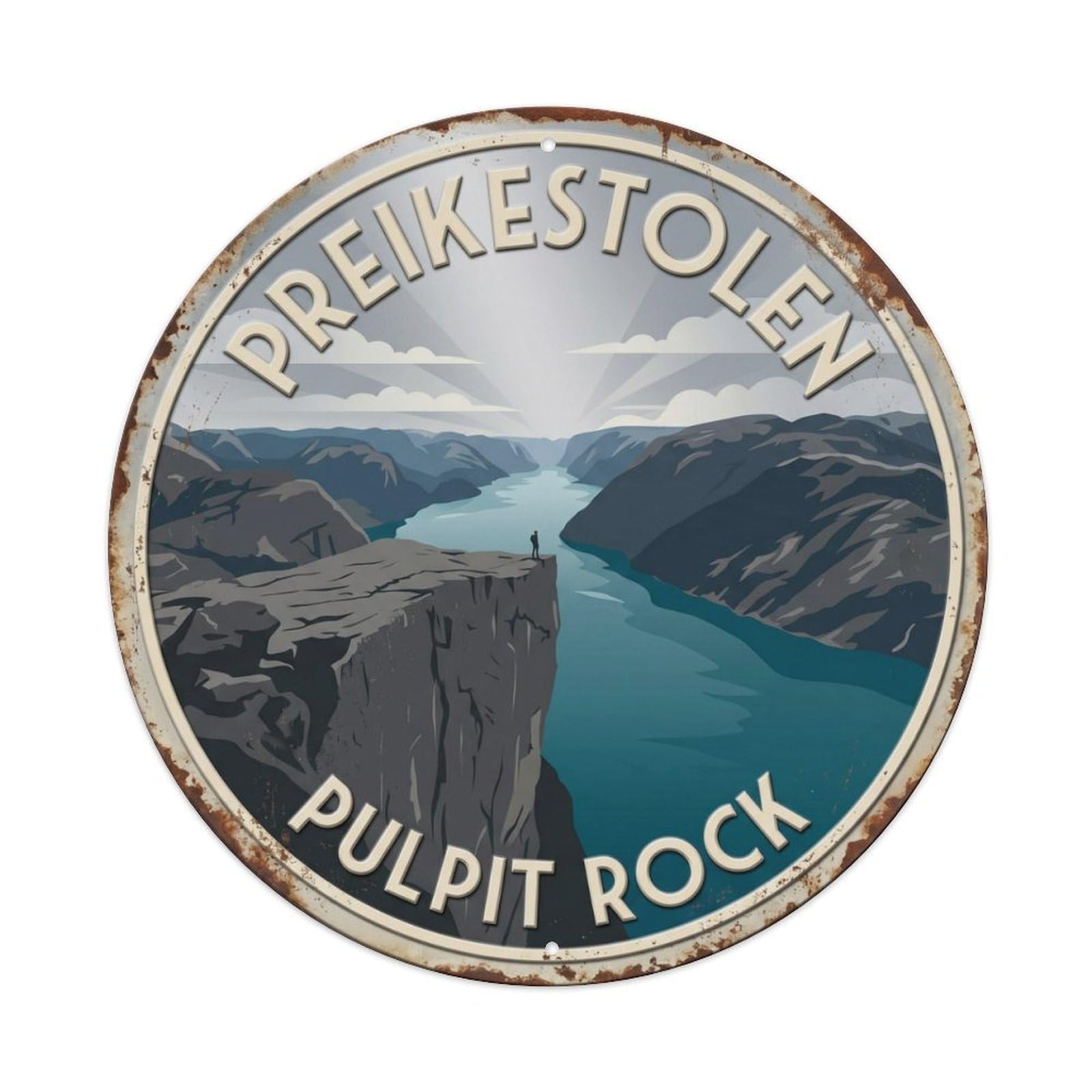 Preikestolen Pulpit Rock Norway Cliff Metal Tin Sign Plaque Wall Decor for Cafe, Club Bar, Office, Home Garden Round Metal Poster 8x8Inch