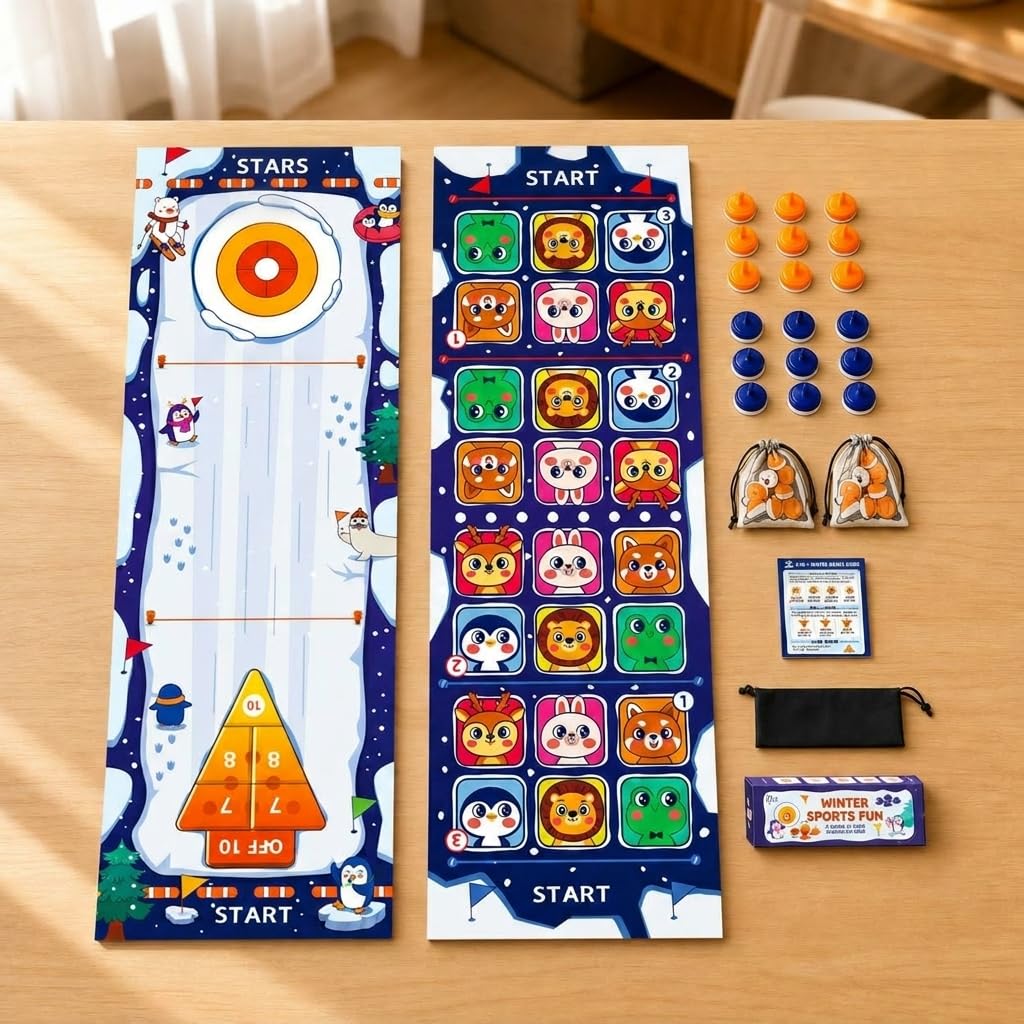 Tisch Spiel Set – Familienspiel Indoor für Kinder & Erwachsene, Tragbares Tabletop, Upgrade-Version [4-in-1] Tisch-Curling (vergrößert und verdickt)