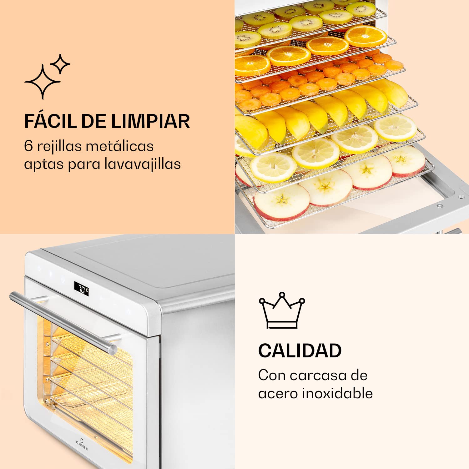 Klarstein Deshidratador de Alimentos, Deshidratadora de Frutas y Verduras 700W, 6 Rejillas, Temporizador 24 h., Deshidratadora de Alimentos para Comida Liofilizada, Liofilizadora, Control Táctil