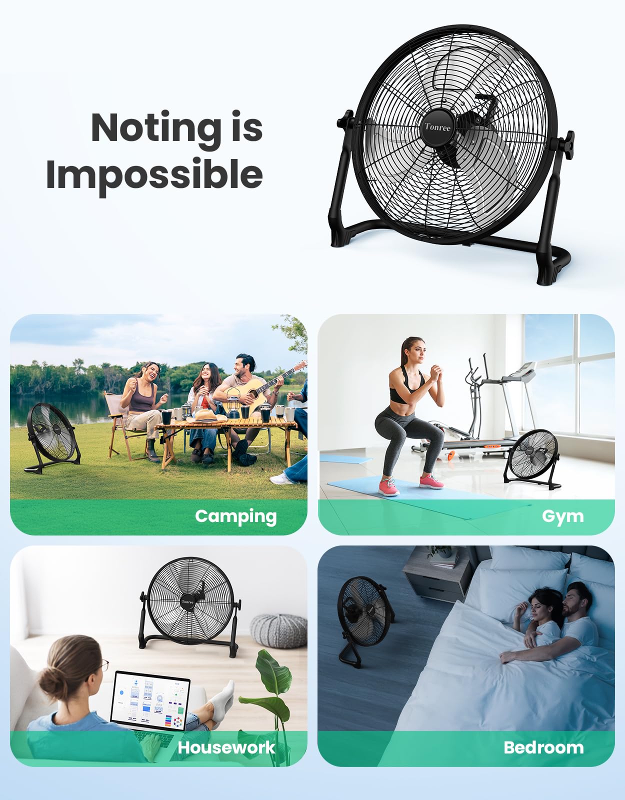 Ventilatore da pavimento portatile da 45,7 cm, a batteria, ricaricabile ad alta velocità, ricarica USB per telefono, durata 12-60 ore, silenzioso, wireless, flusso d'aria, per campeggio, casa