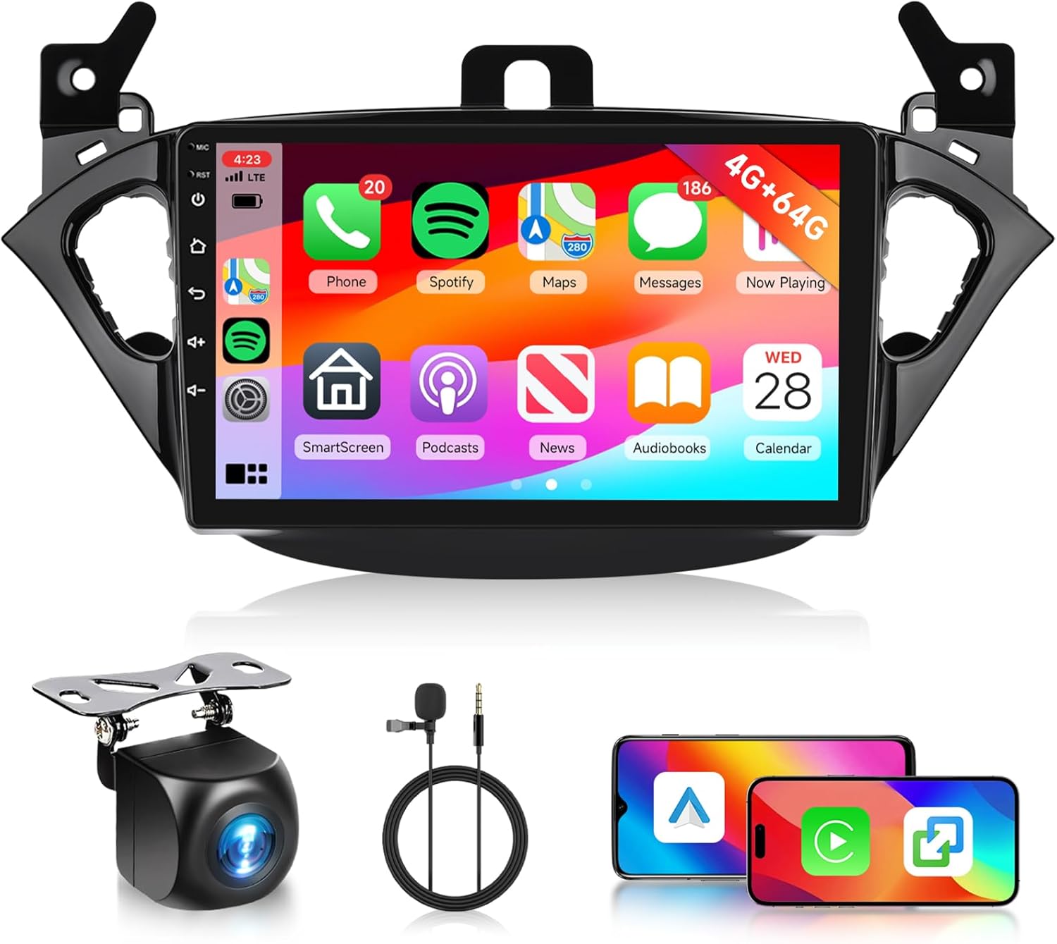 Frente view de la radio para automóvil Android Hodozzy con su bisel personalizado para vehículos Opel, que muestra la pantalla táctil de 9 pulgadas y accesorios incluidos como la cámara trasera y el micrófono.