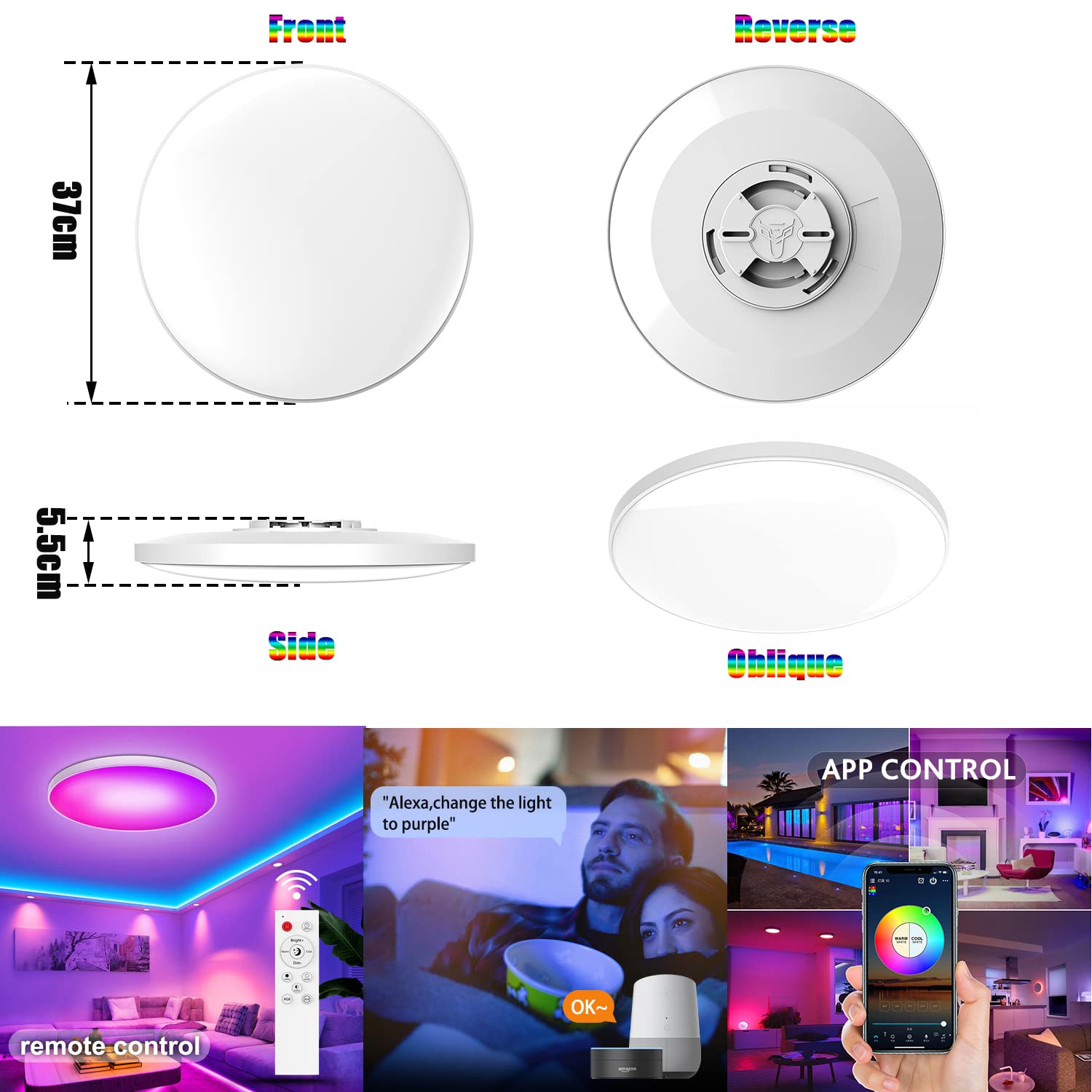 LED Deckenleuchte RGB Farbwechsel, 48W Smart Deckenlampe Dimmbar Kontrolle durch Fernbedienung und APP, Kompatibel mit Alexa/Google Home, Rund Ø37cm, IP44, für Schlafzimmer Badezimmer, Weiß