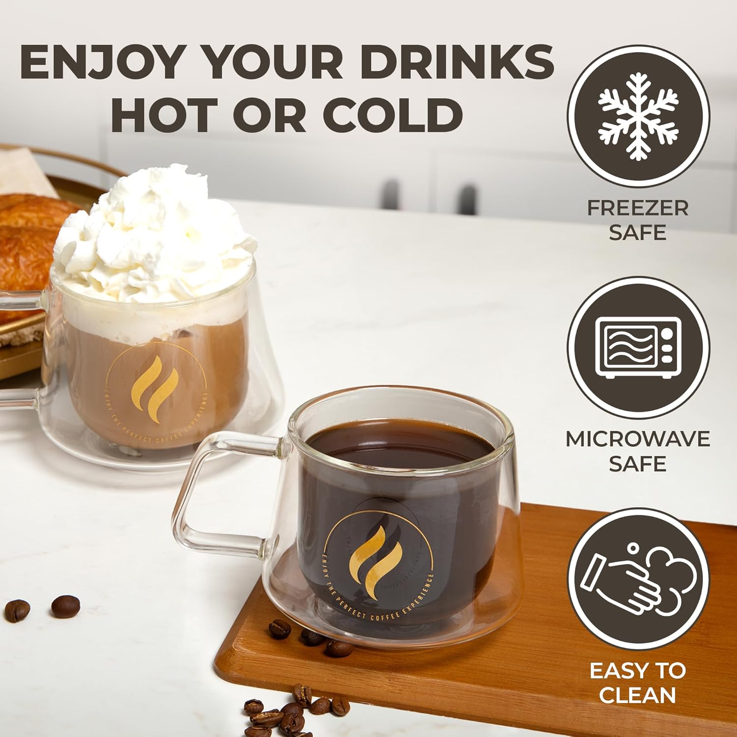 GLORAMA Double Walled Glass Coffee Mugs - 10oz Coffee Mugs for Tea, Espresso, & Cappuccino - Freezer & Microwave Safe Coffee Mugs Set of 2 - Image 2