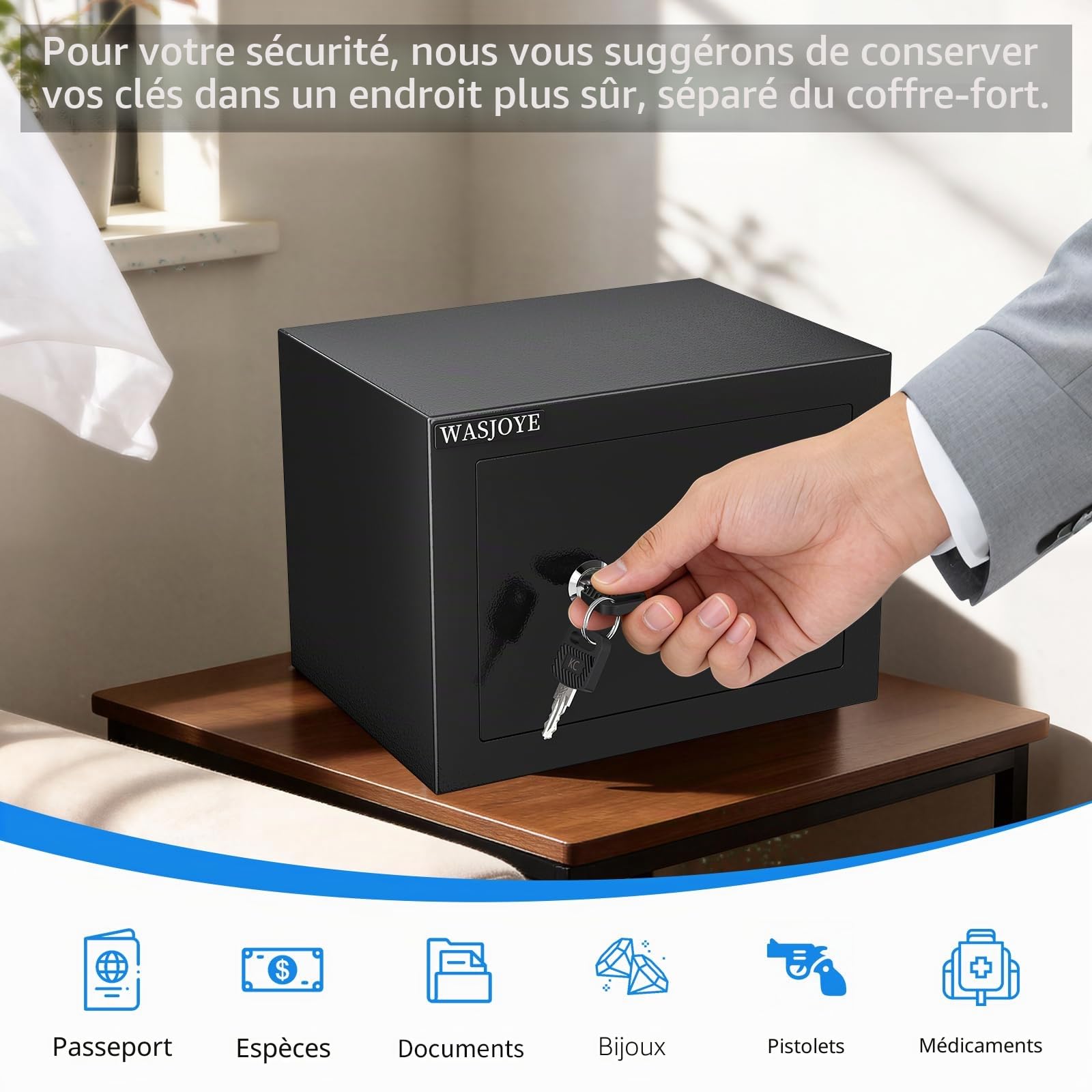 WASJOYE Mini Coffre Fort Domestique,23 * 17 * 17cm Coffre Fort Serrure à clé de Sécurité - Petit Coffre Fort pour la maison,L'argent, de documents,de bijoux,de passeports 6.6L