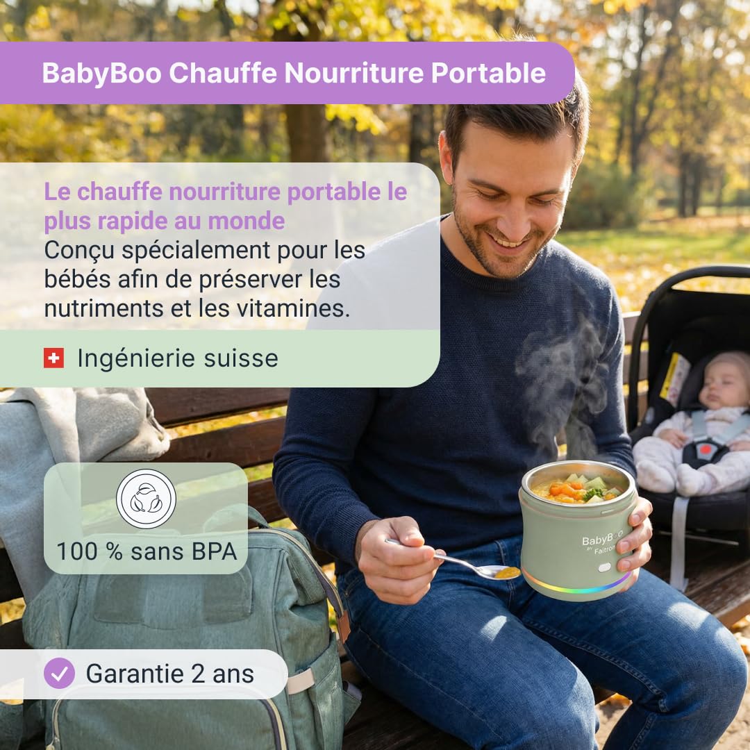 BabyBoo Chauffe-nourriture portable – Chauffe nourriture pour bébés avec batterie, contrôle via application, chauffage rapide 70 W, anneau LED, jusqu'à 45 °C, bac amovible, USB-C