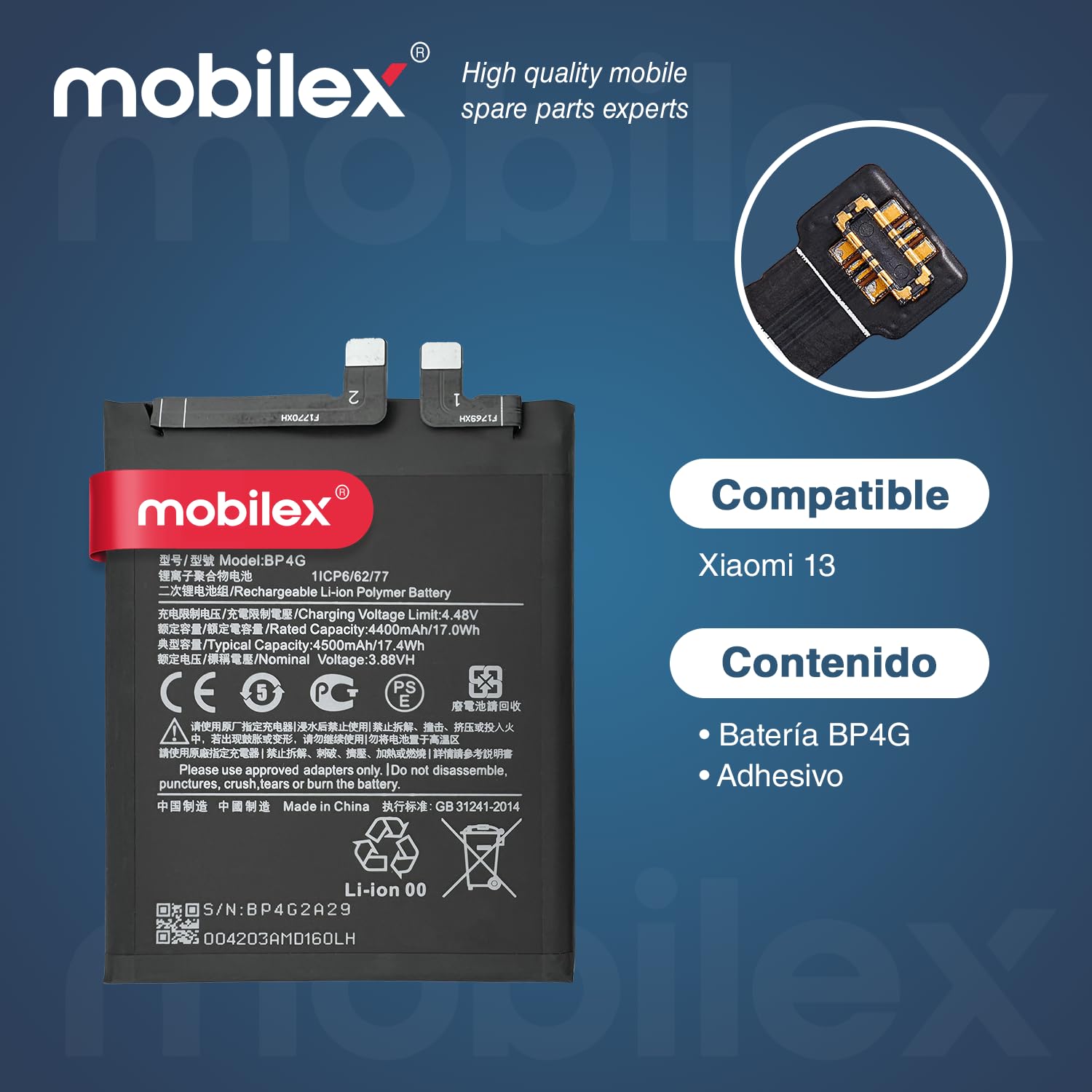 MOBILEX® Batería BP4G para Xiaomi 13 | Carga Rápida 67W | 4500mAh - OEM | Interna Repuesto con Adhesivo | Capacidad Original