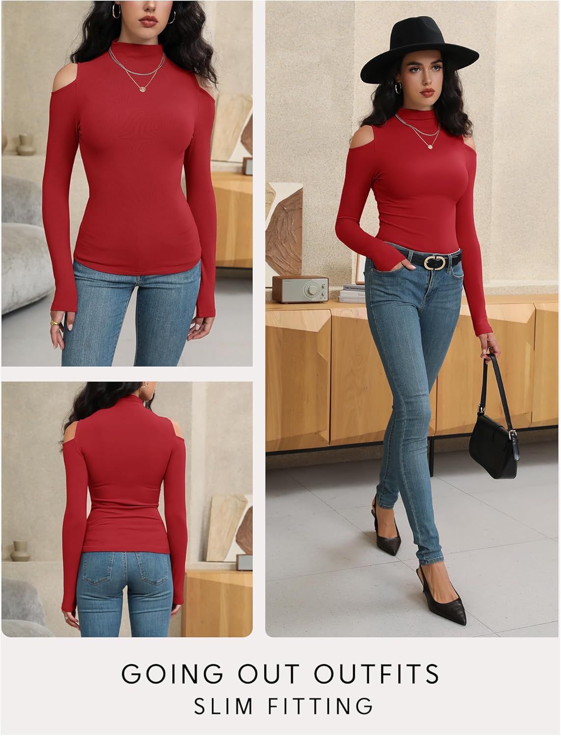 Prettywear Women Long Sleeve Shirts Mock Turtle Neck Fitted Tops Cold Shoulder Sexy Thermal T Shirt 2025 Trendy Fall Tee Red,L - Image 4