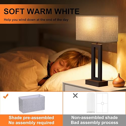 Miniatura 5 de Juego de 2 lámparas de mesa de noche para dormitorio, lámpara de noche táctil con USB C+A, lámparas de sala de estar regulables de 3 vías para mesas