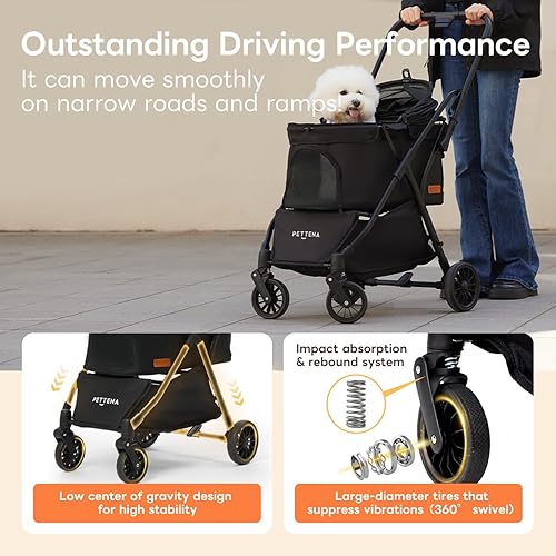 Miniatura 4 de PETTENA Cochecito plegable para mascotas, carrito de paseo para mascotas de 4 ruedas para perros pequeños y gatos de hasta 44 libras, carrito de