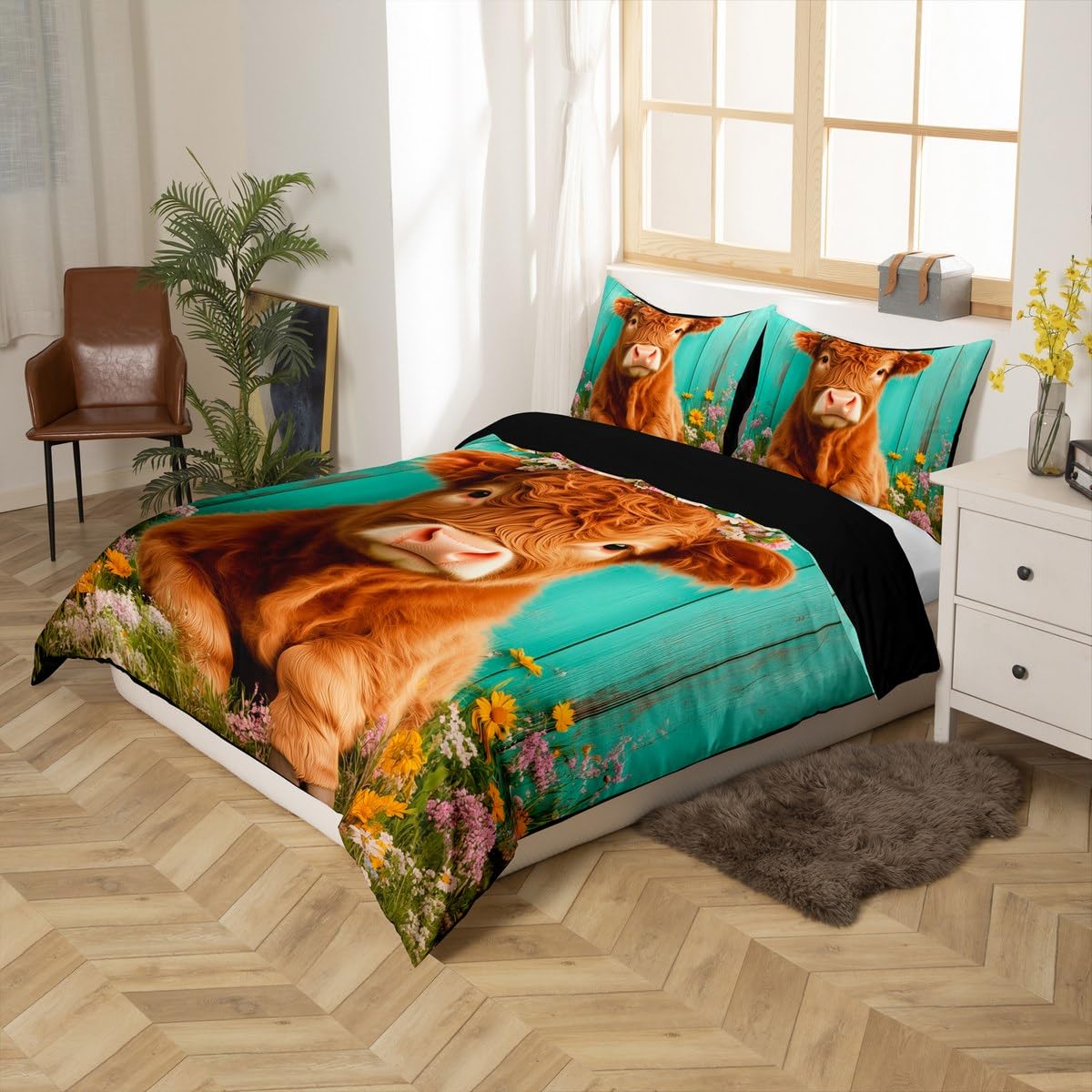 Homemissing Highland Cattle Duvet Cover Set Single Size For Kids Boys Girls Teens Highland Cow Bedding Set Daisy Botanical Floral Printed Comforter Cover with 1 Pillowcase - Image 2