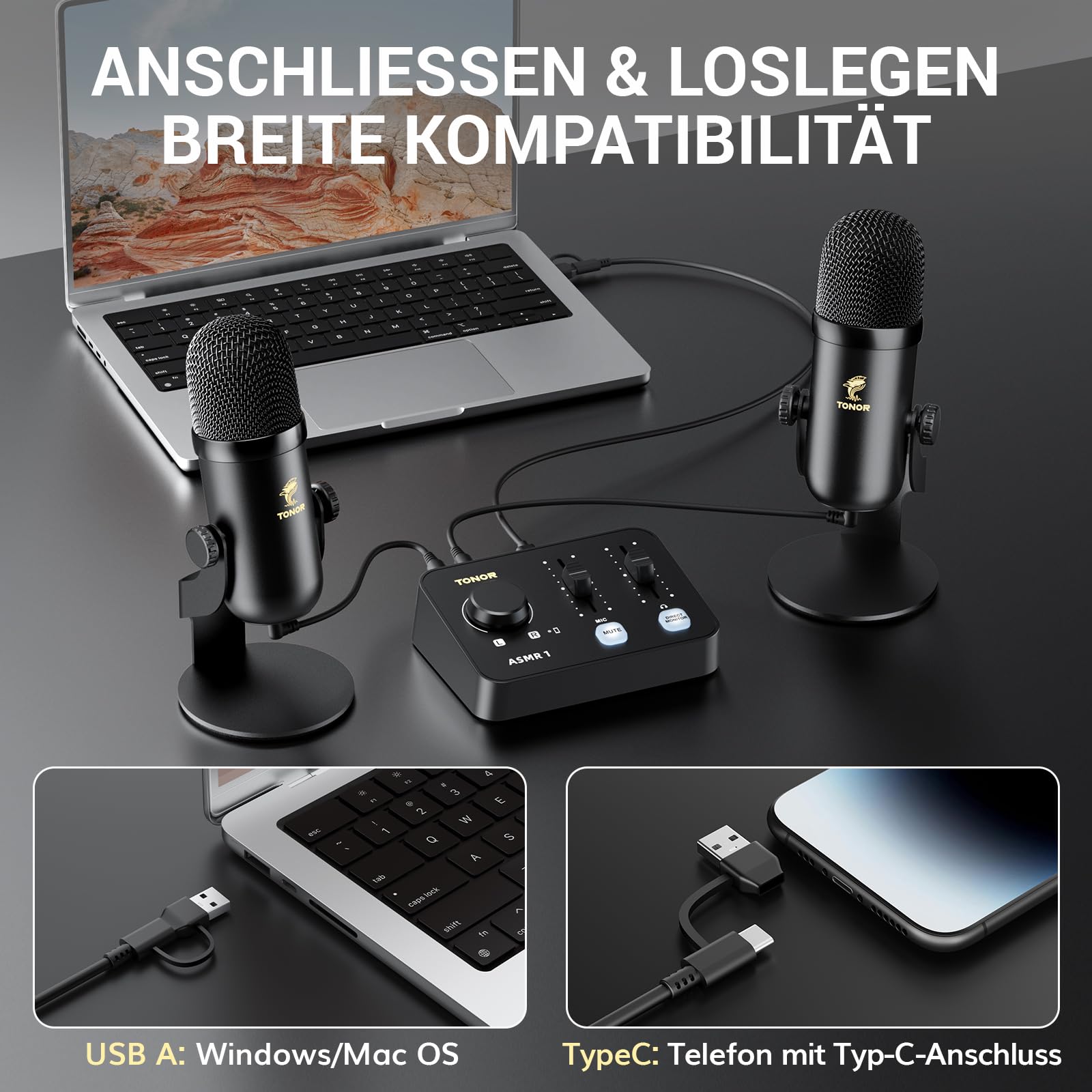 TONOR Podcast Mikrofon Set mit Audio Interface, ASMR Mikrofon, 2 Kondensatormikrofone, Audio Mixer, Lautstärkeregler, 3D Stereoklang, mit Fell-Windschutz, USB Microphone für PC/Handy, Schwarz