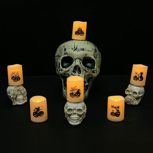 Miniatura 8 de Velas votivas de Halloween sin falma, más de 200 horas, velas LED parpadeantes con calcomanías de calabazas para decoración del hogar de Halloween,