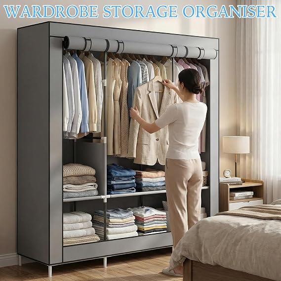 Fabric Wardrobes for Bedroom,Bedroom Wardrobes with Shelves and Hanging Rail,Canvas Wardrobe Storage Solutions,Clothes Storage Organiser,Clothes Rail with Cover,170x45x170cm,Grey