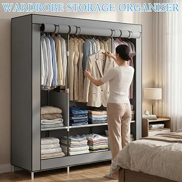 Fabric Wardrobes for Bedroom,Bedroom Wardrobes with Shelves and Hanging Rail,Canvas Wardrobe Storage Solutions,Clothes Storage Organiser,Clothes Rail with Cover,170x45x170cm,Grey