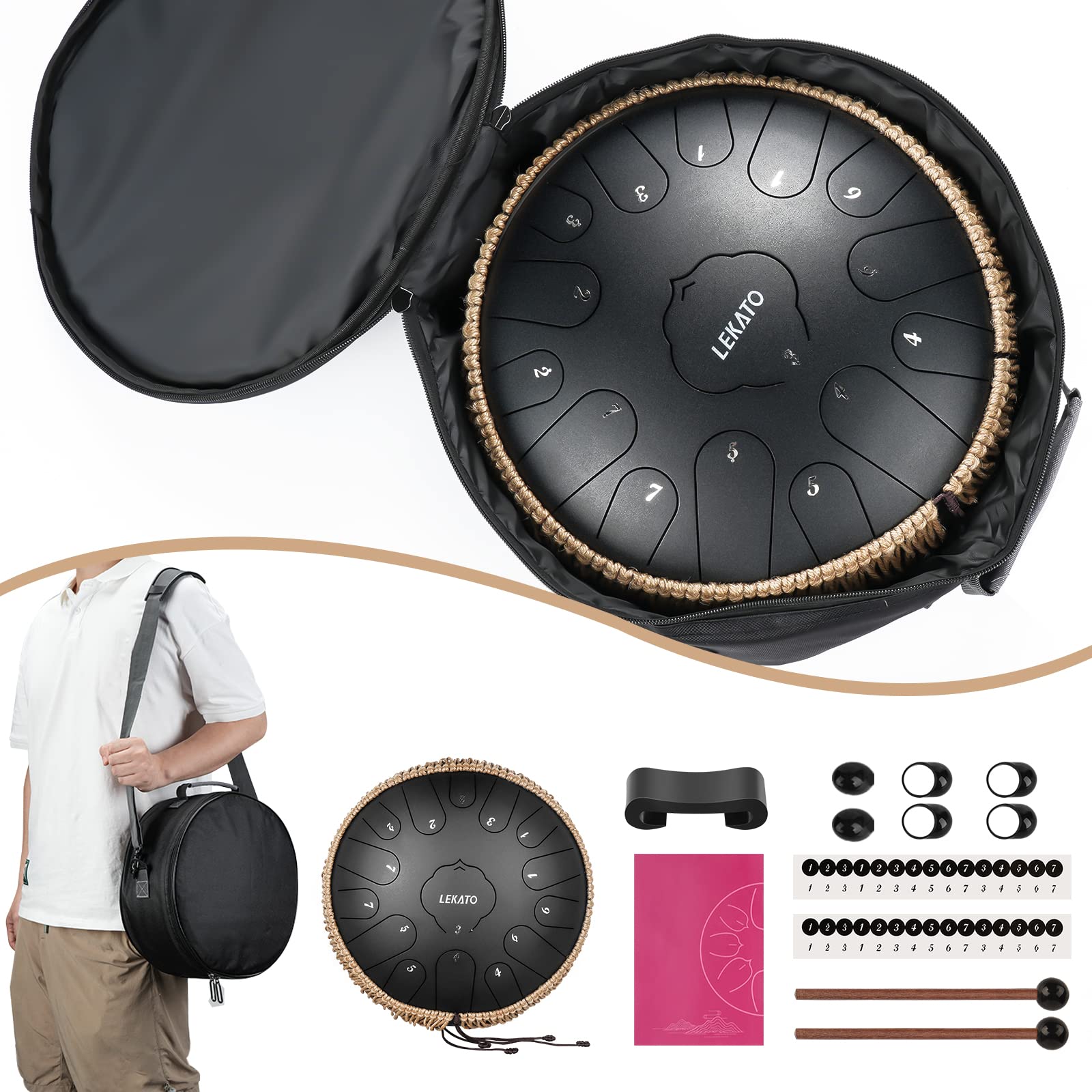 LEKATO Steel Tongue Drum, Tambour Handpan à 13 Pouces 15 Tons en C, Tambour à Langue de Grande Taille, Instrument de Percussion pour la Méditation, le Yoga, l'Education Musicale, Noir