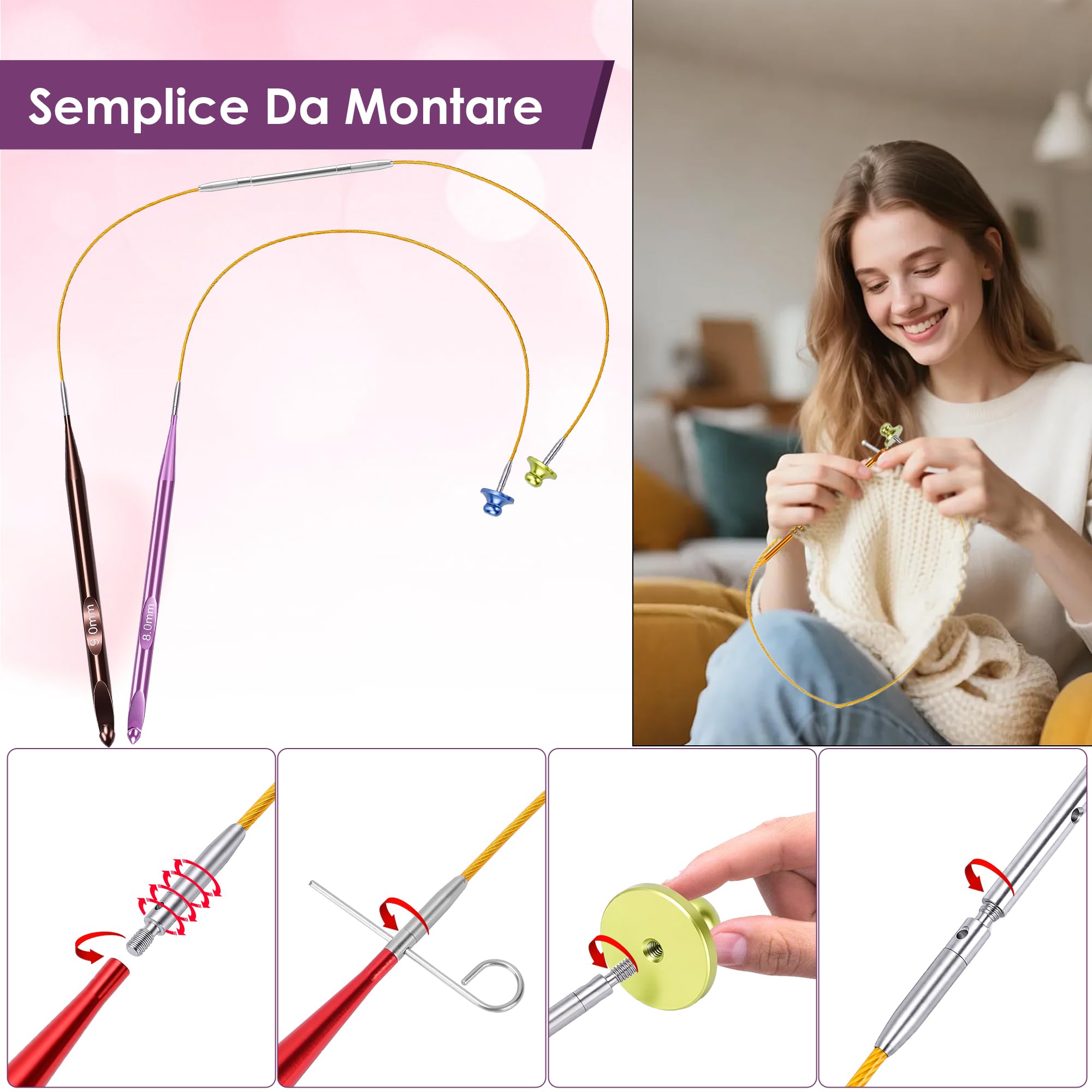 Set di 12 Uncinetti Tunisini Intercambiabili, Uncinetti Afgani in Lega di Alluminio, Dimensioni 3,0-10,0mm, Fili 40cm 60cm 80cm 100cm per Tappeti, Maglioni, Sciarpe