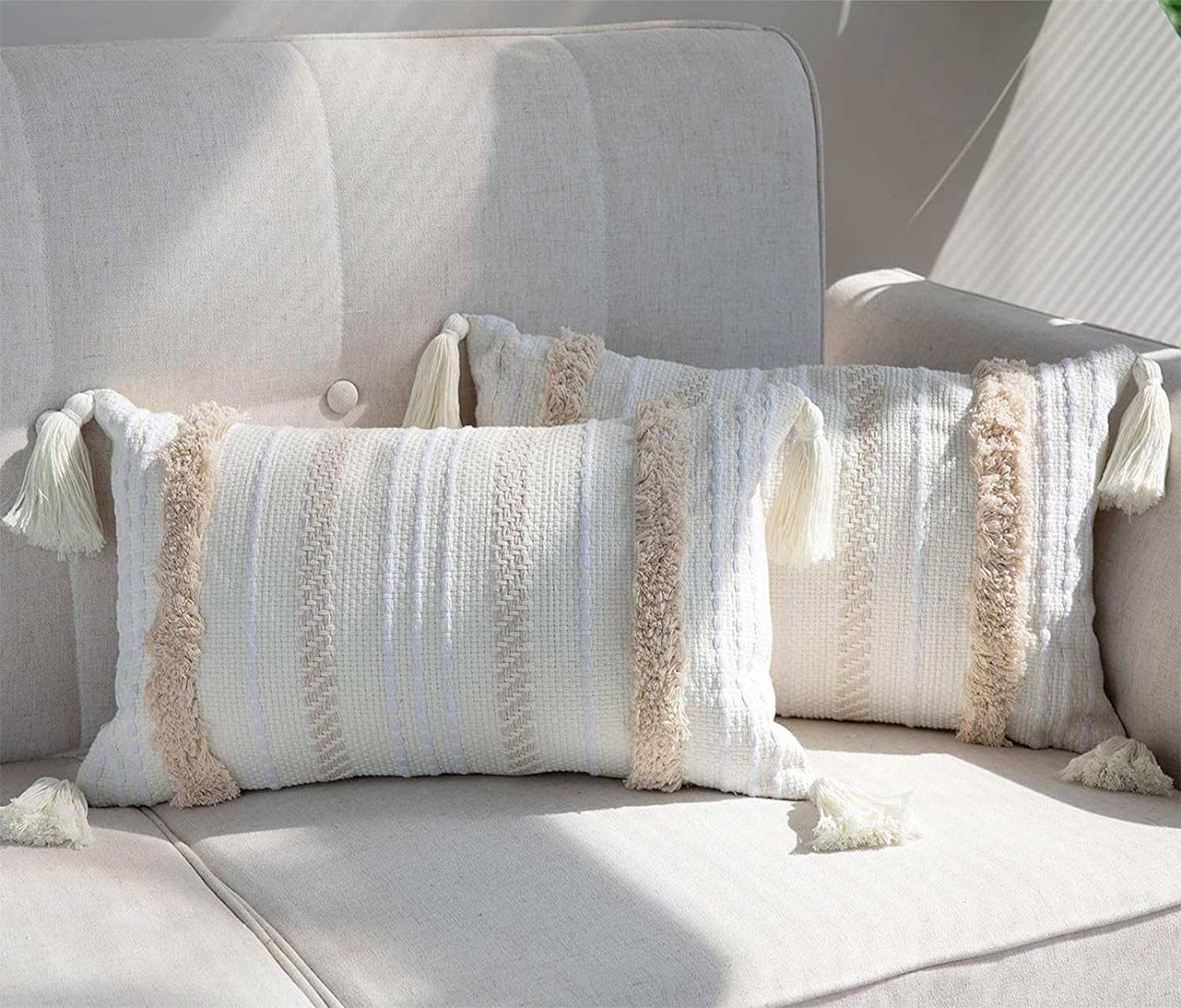 Juego de 2 Fundas de Almohada Bohemias, Funda de cojín de macramé, Funda de cojín con Borla, 30x50 cm, algodón Decorativo, cojín de Lino Decorativo, cojín para sofá, jardín, cojín Estilo Bohemio