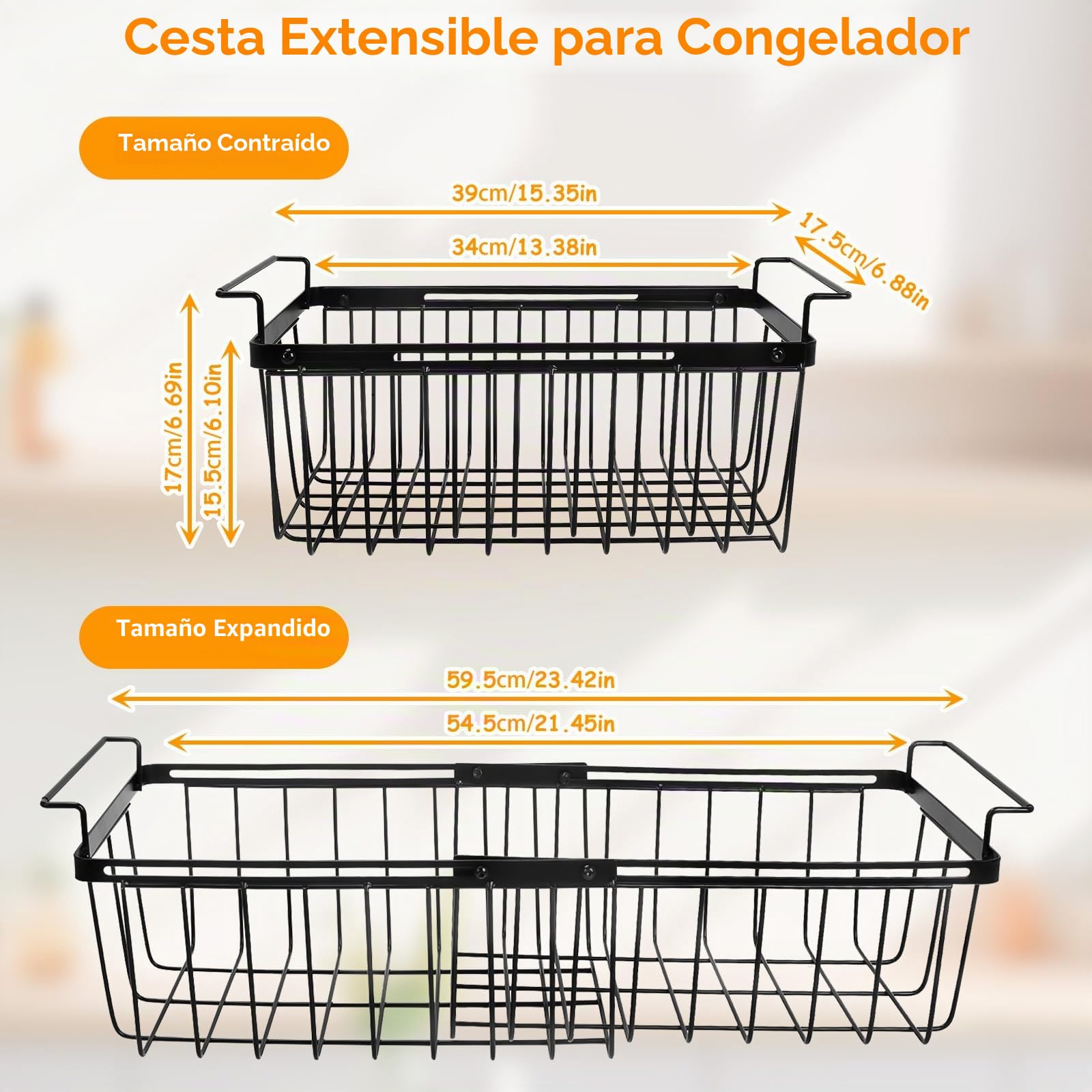 2 Negro Cesta para Congelador Extensible, Organizador Arcon Congelador Extensible Longitud 39.5cm a 59.5cm, Apilable Organizador Nevera con Asas Plegable y Fondo Antideslizante para 141 a 198L