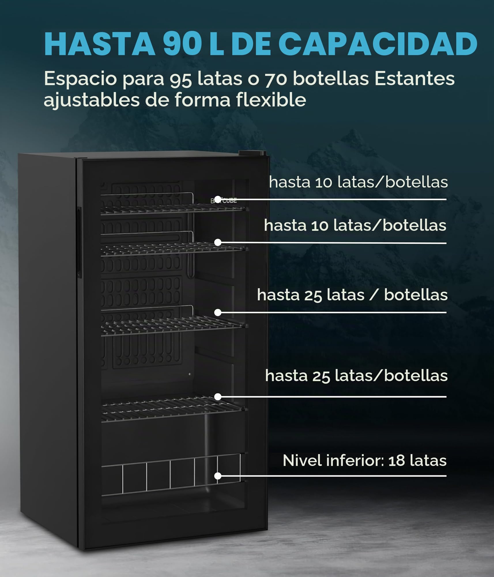 °CUBES Frigorífico para bebidas BAR 90L, frigorífico con puerta de cristal, con 4 estantes