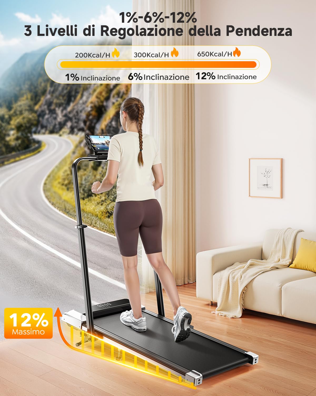 Tapis Roulant Elettrico con 12% Pendenza, 6 in 1 Tapis Roulant Pieghevole, 12km/h, 1150MM Tubo Montante Retrattile, Tubo Montante Rotante, 2.5HP Motore, App e Telecomando