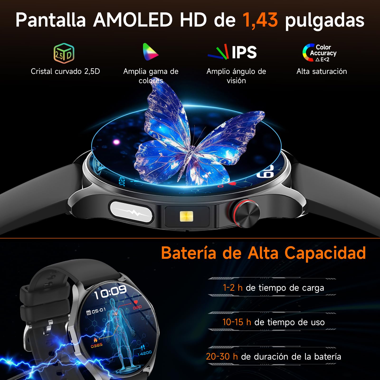Reloj Inteligente Hombre Mujer con Llamadas Bluetooth, 1.43'' AMOLED Smartwatch con 100+ Modos Deportivos Pulsera Actividad para Android iOS (Negro)