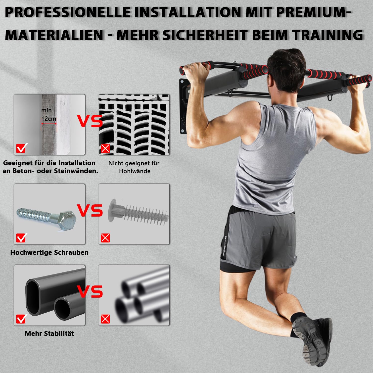Klimmzugstange Wand zur Wandmontage, Multifunktionale Pull Up Bar für Zuhause bis 250kg mit 6 rutschfestem Schaumstoffgriff, Klimmzugstange Decke aus Stahl NV-166