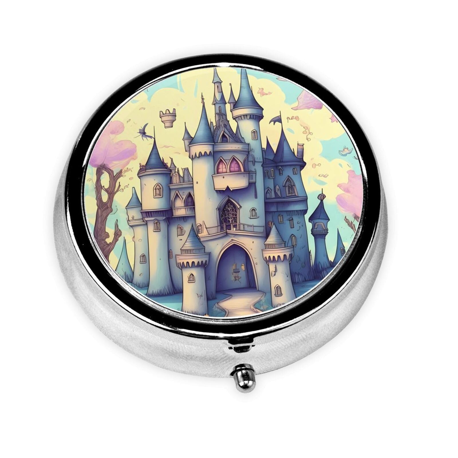 Cute 3-Compartments Round Pill Box Fairytale Castle Small Pill Case Portable Medicine Dispenser,for Pocket Purse