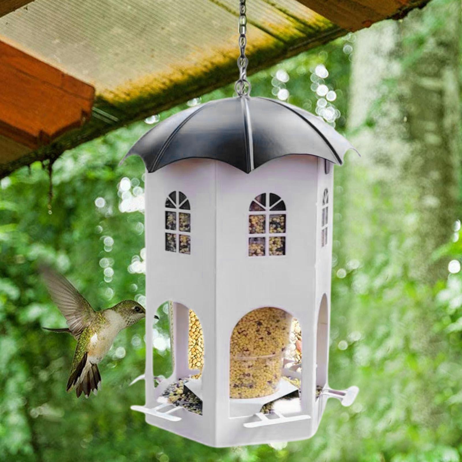 Comederos para pájaros para exteriores, comedero de metal impermeable para pájaros silvestres con ventana transparente, estación de alimentación de jardín para pollos, jilgueros, pinzones y gorriones