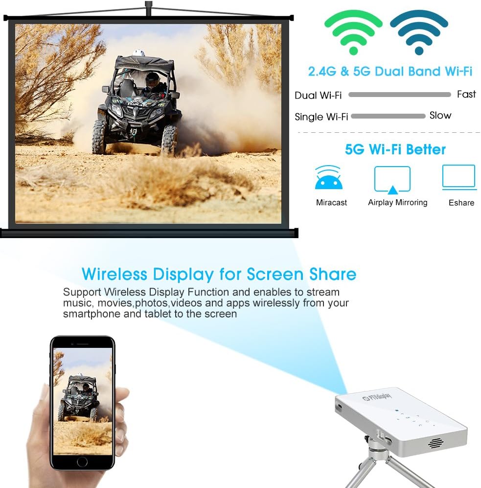 Special PTVDISPLAY Pocket Portable Mini Projector, 1080P Pico Bluetooth Video WiFi DLP Projector Full HD Support Android HDMI USB TF Card Wireless Home Projector