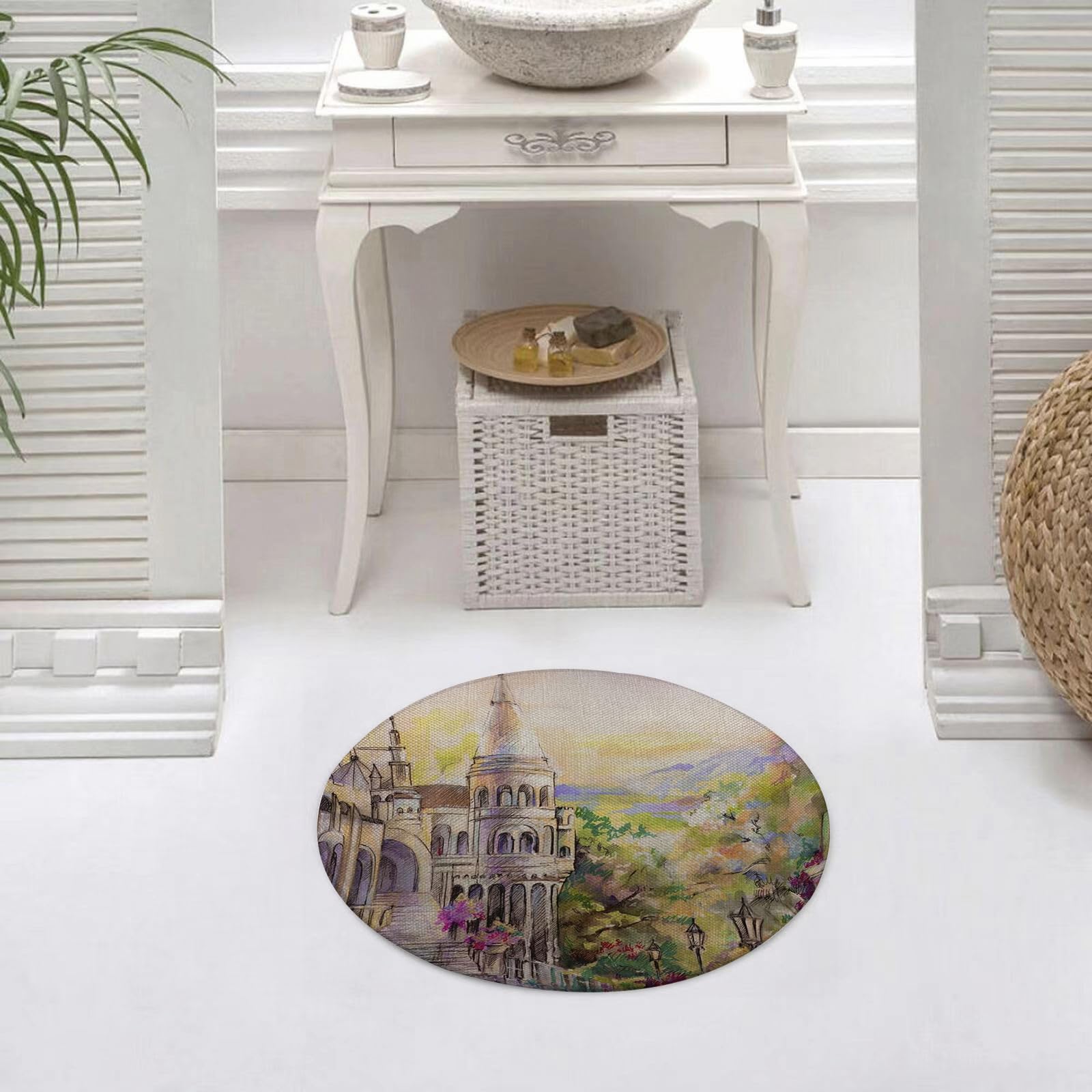 Palace Castle Fairy Tale Warm Stone Magic Prince Blossom Purple Premium Printed Non-Slip Round Mat Playing Floor Mat Carpet Indoor for Kids Baby Living Room Bedroom hallway Home Deco Diameter 23.6"