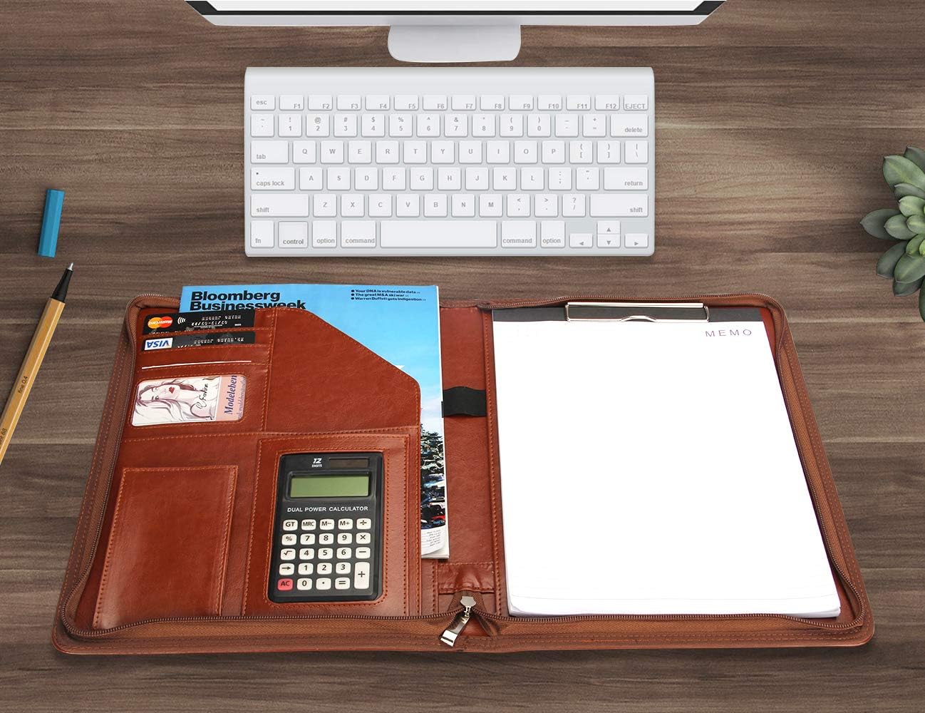 Women's Business Portfolio Organizer with Calculator& Clipboard, Brown Zippered Padfolio Cover Document Folder Leather Pad Portfolio Case