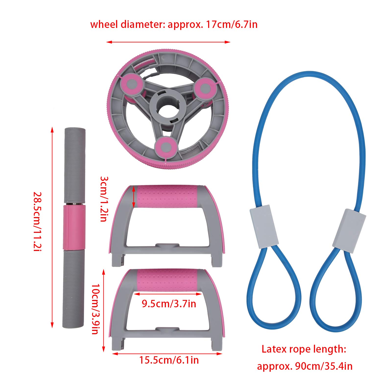 Juego de ruedas abdominales multifuncionales, rodillo de entrenamiento fitness con asas desmontables y correa de látex, equipo compacto de gimnasio en casa para el entrenamiento