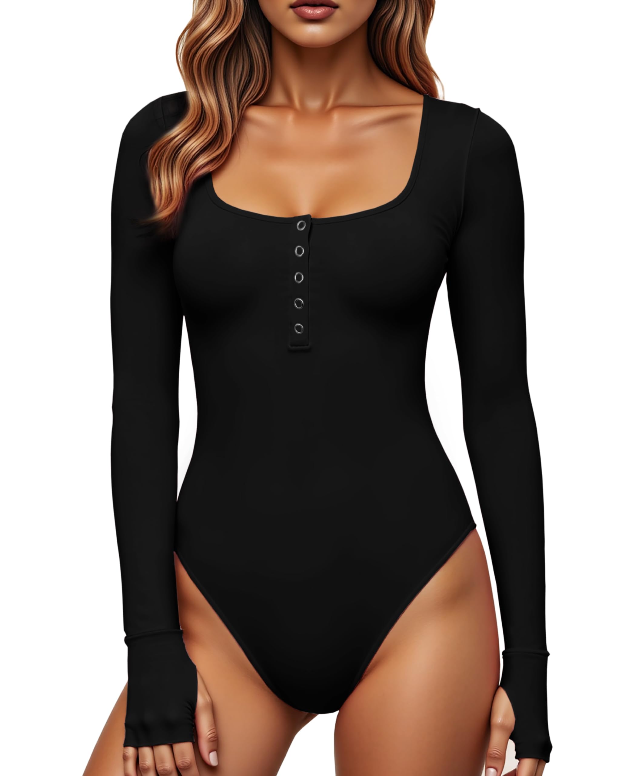 GJY Damen Bodysuits,Druckknopf-Verschluss Rundhalsausschnitt Lange Ärmel Lässiger Schmal Geschnittener Jumpsuit,Hemden Oberteile