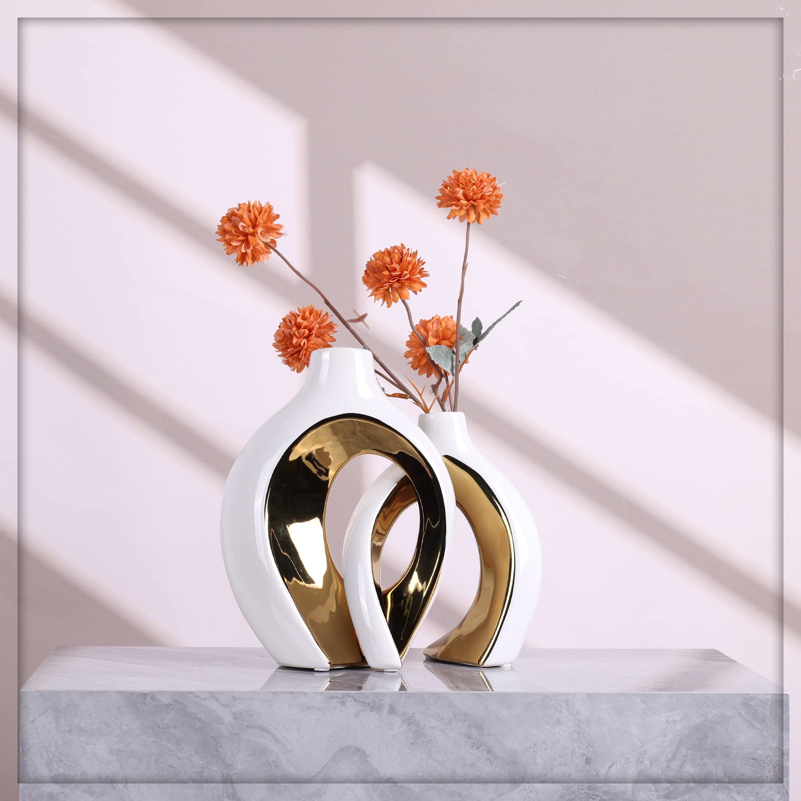 keramische Vase Dekor 2pcs Set, moderne böhmische Dekoration, Weiß und Gold skandinavischen minimalistischen Stil Raumdekoration, geeignet für Tisch Centerpiece, Bücherregal, Home Decor(W+G)