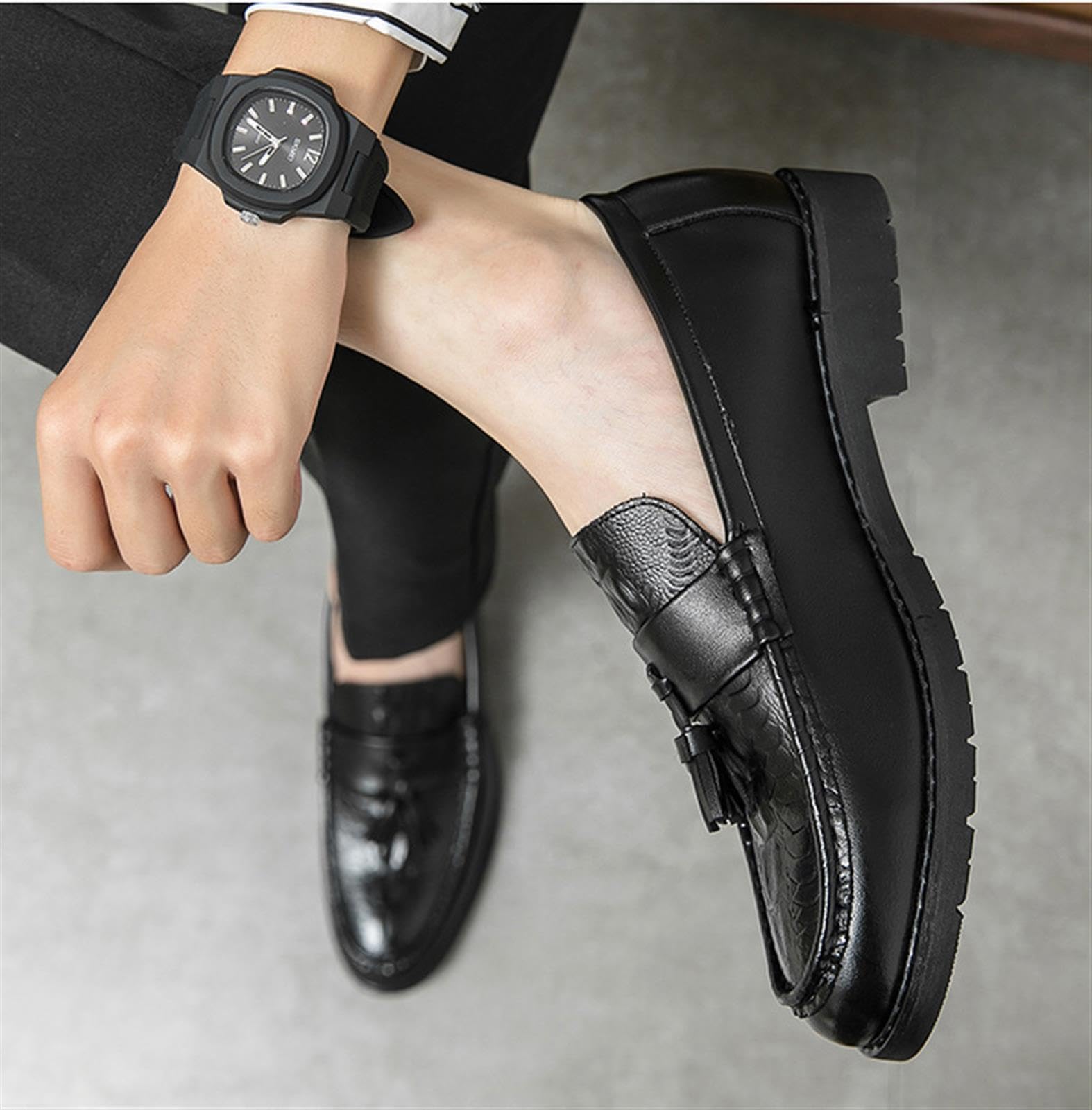 Mocasines con Borlas para Hombre Zapatos de Vestir Sin Cordones Patrón de Cocodrilo Cuero Sintético Casual Negocios Boda