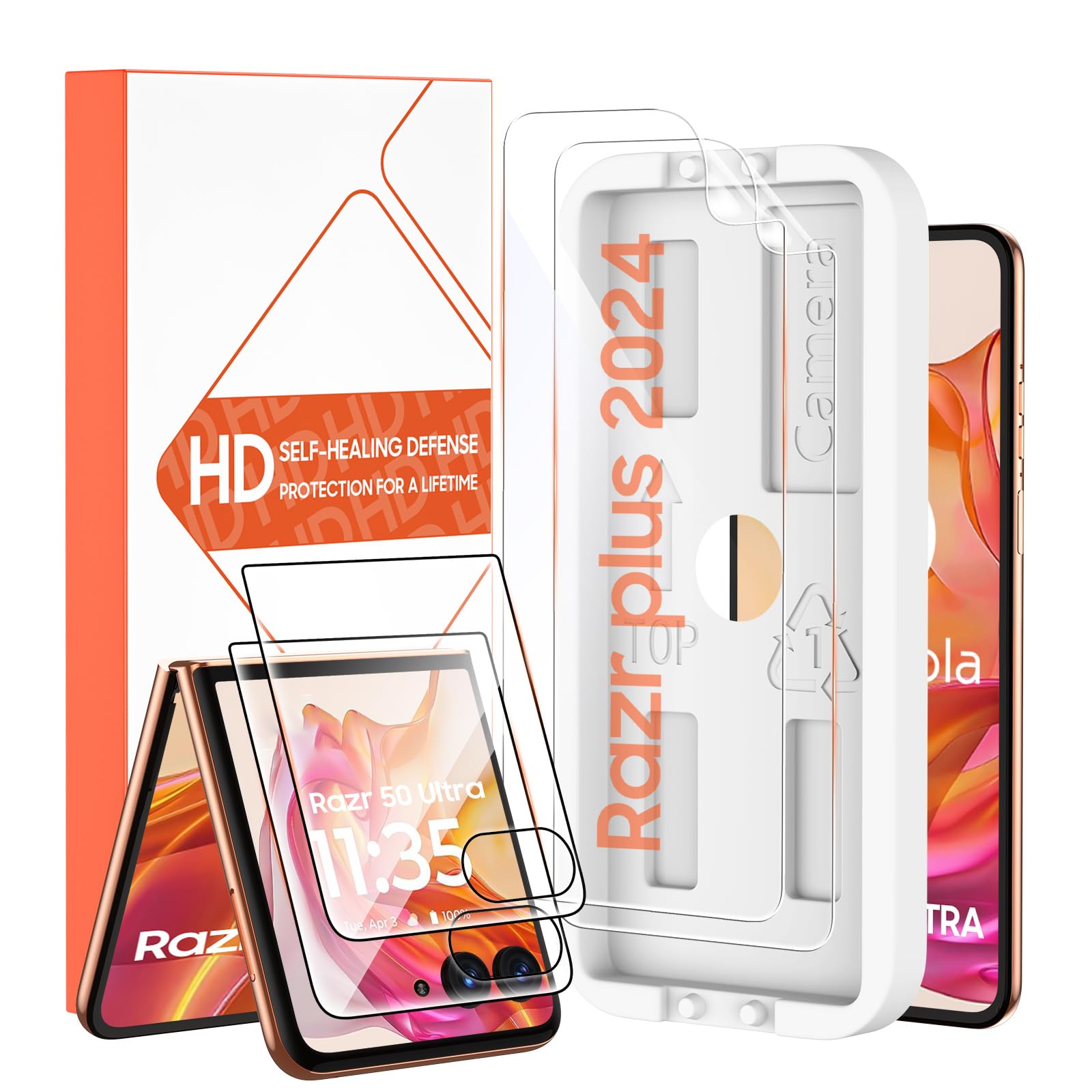 for Motorola Razr Plus 2024/ Razr + Plus 2025/Screen Protector Inner Soft TPU and 2 Pack for Tempered Glass Front Screen Protector+1 Tray Positioning,Touch Sensitive, Full Coverage, Case Friendly,Easy Install with Alignment Tool