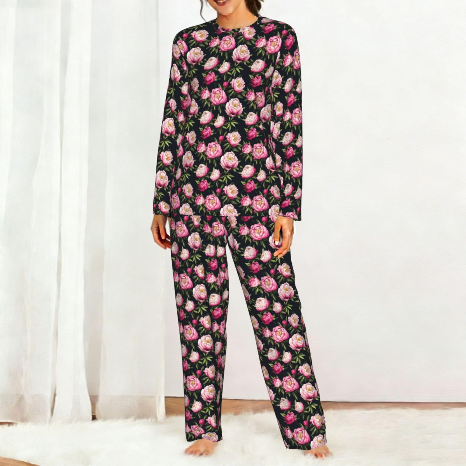 Peonia Fiori Stampa Fiore Stampa Donna Manica Lunga Pigiama Corrispondente Morbido Spiaggia Vacanze Nightwear Regalo Casual