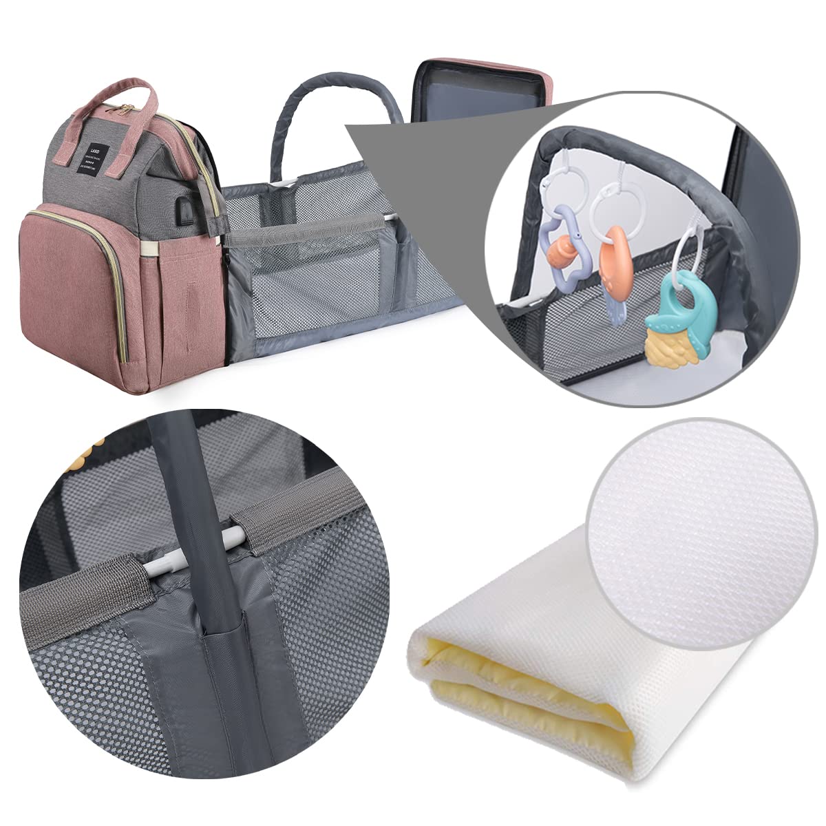 Sac à Langer Bébé Grand Sac à Dos avec Matelas, Moustiquaire et Port USB