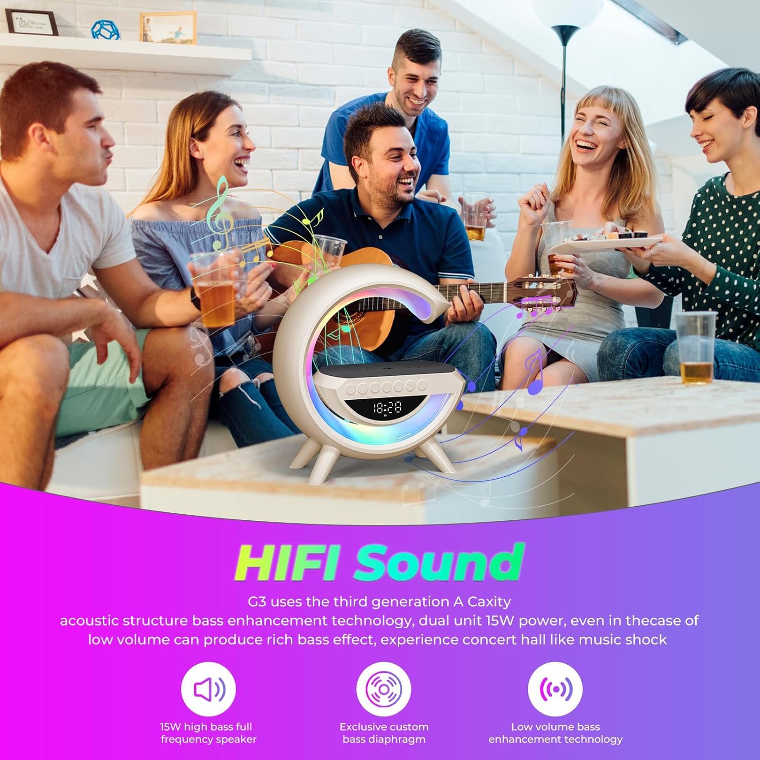Lampara Cargador Inalambrico, Altavoz Bluetooth De La LáMpara De AtmóSfera De Cargador InaláMbrico, Luz Nocturna Con SincronizacióN Musical, Egam073G