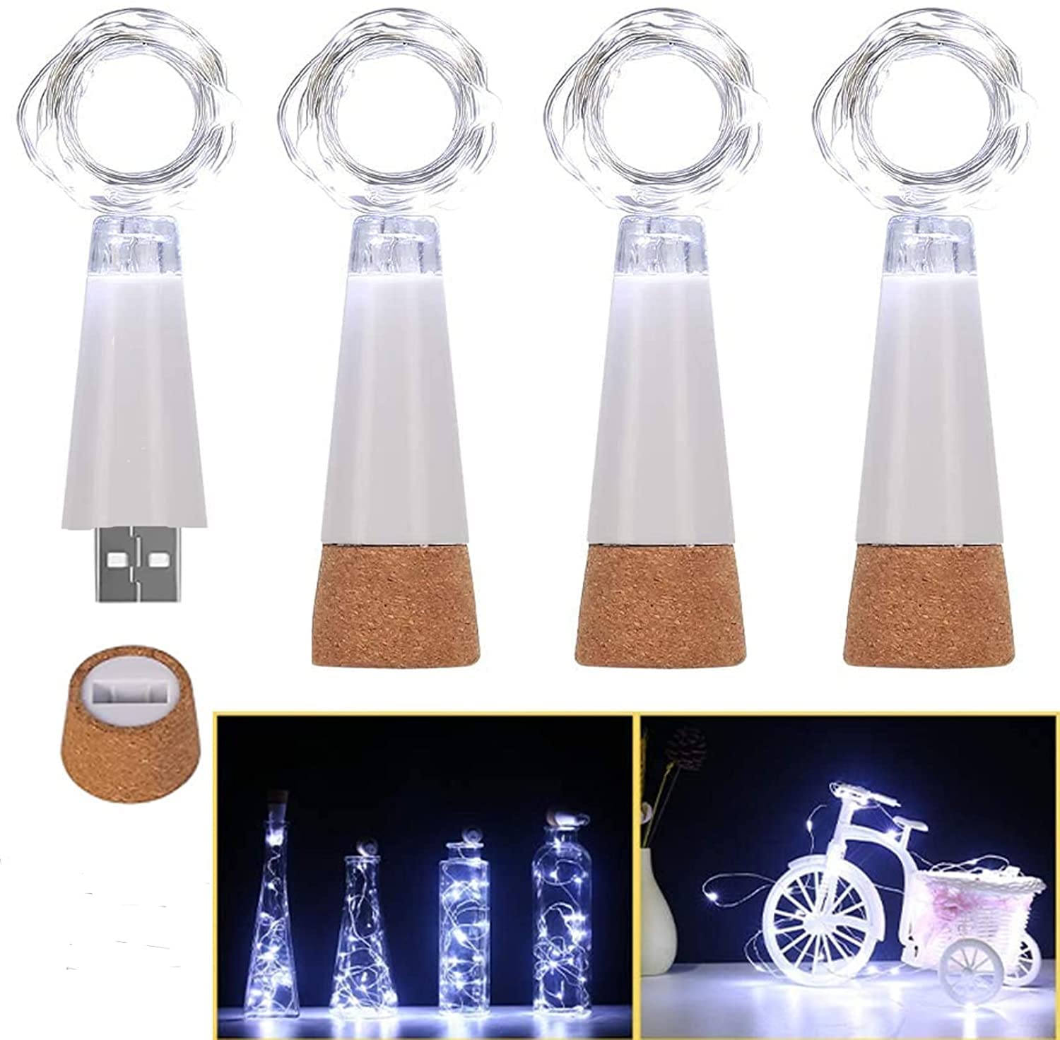 Ceepko USB Bottle Lights Rechargeable, 4 Pack Rechargeable Wine Bottle Lights, 15LED 59Inch Copper Wire Waterproof Cool White Fairy Cork String Lights for Party Wedding Halloween Christmas Decoration